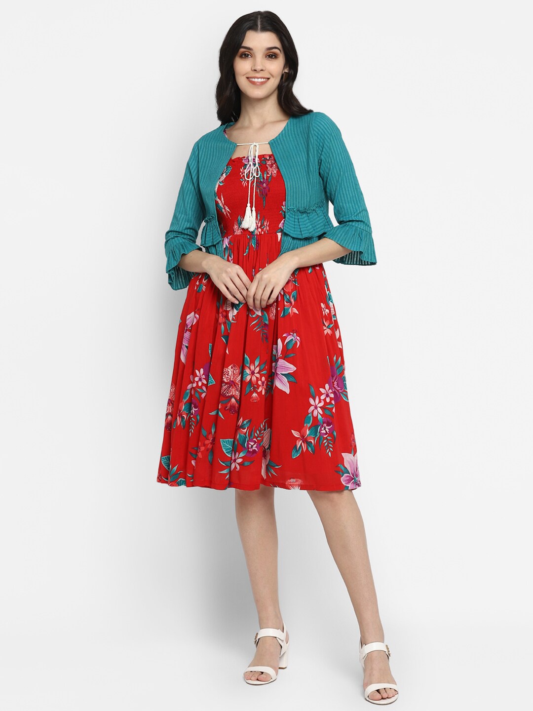 

DEEBACO Floral Printed Smocked Cotton Fit & Flare Dress With Shrug, Red