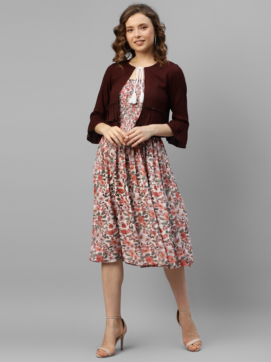 

DEEBACO Floral Printed Smocked Fit & Flare Dress With Shrug, Off white