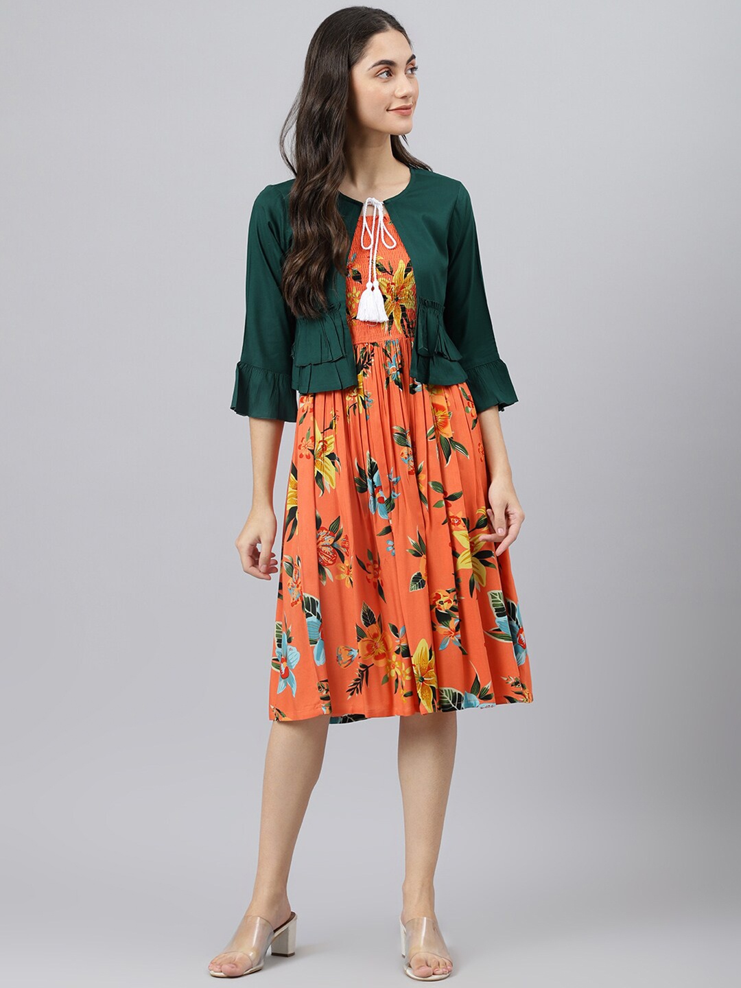

DEEBACO Floral Printed Smocked Fit & Flare Dress With Shrug, Peach