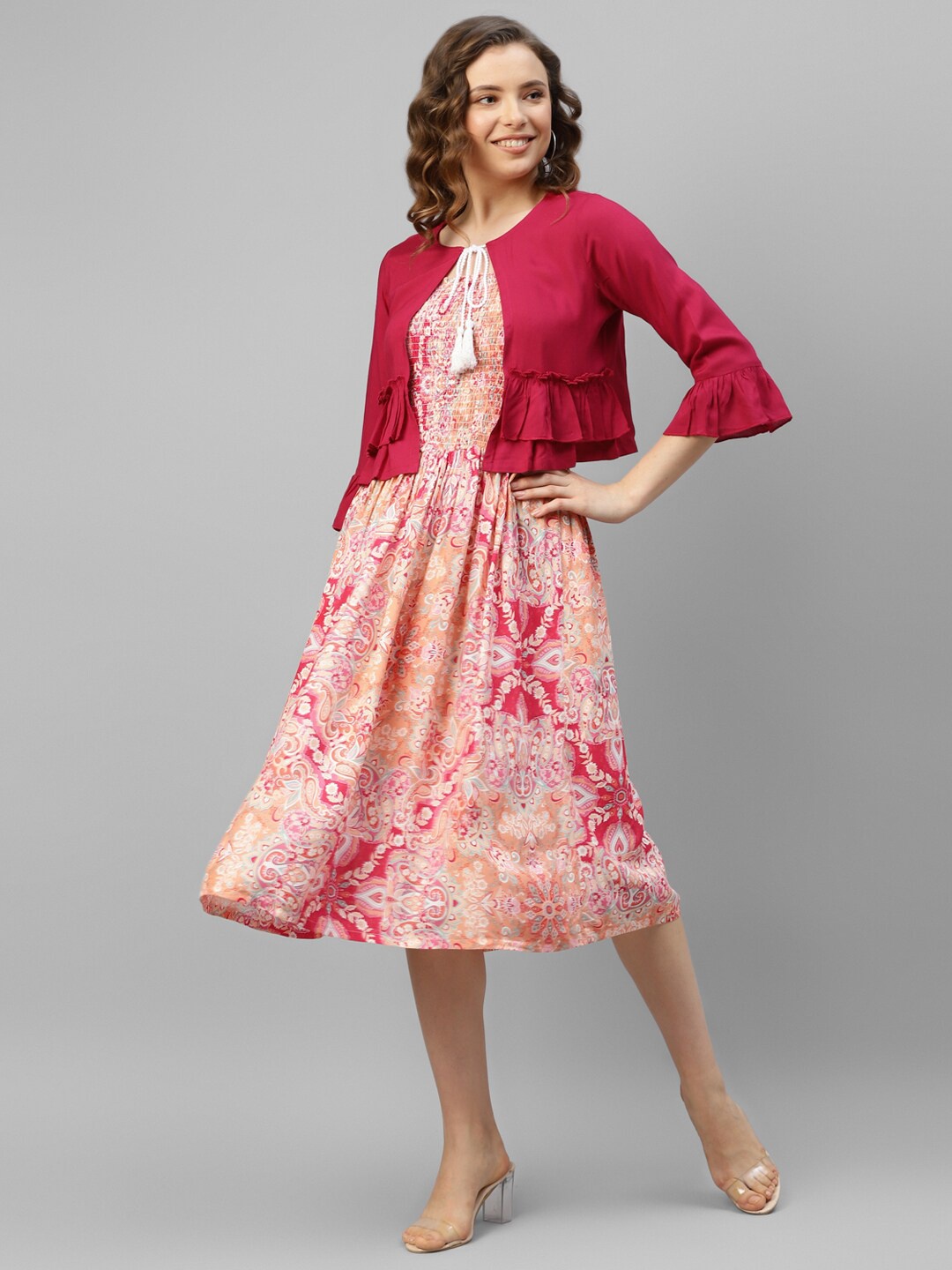 

DEEBACO Multicoloured Floral Print Bell Sleeve A-Line Midi Dress, Multi