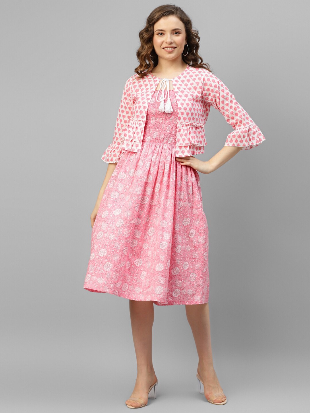 

DEEBACO Pink Ethnic Motifs Print Bell Sleeve A-Line Midi Dress