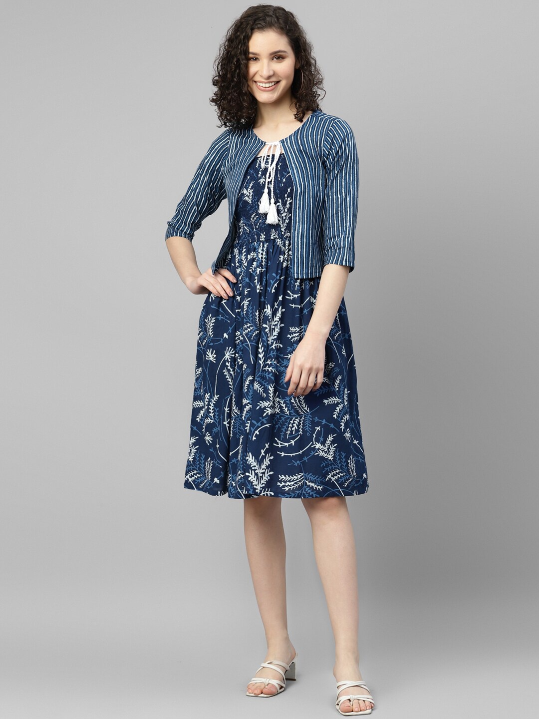 

DEEBACO Navy Blue Floral Print A-Line Dress