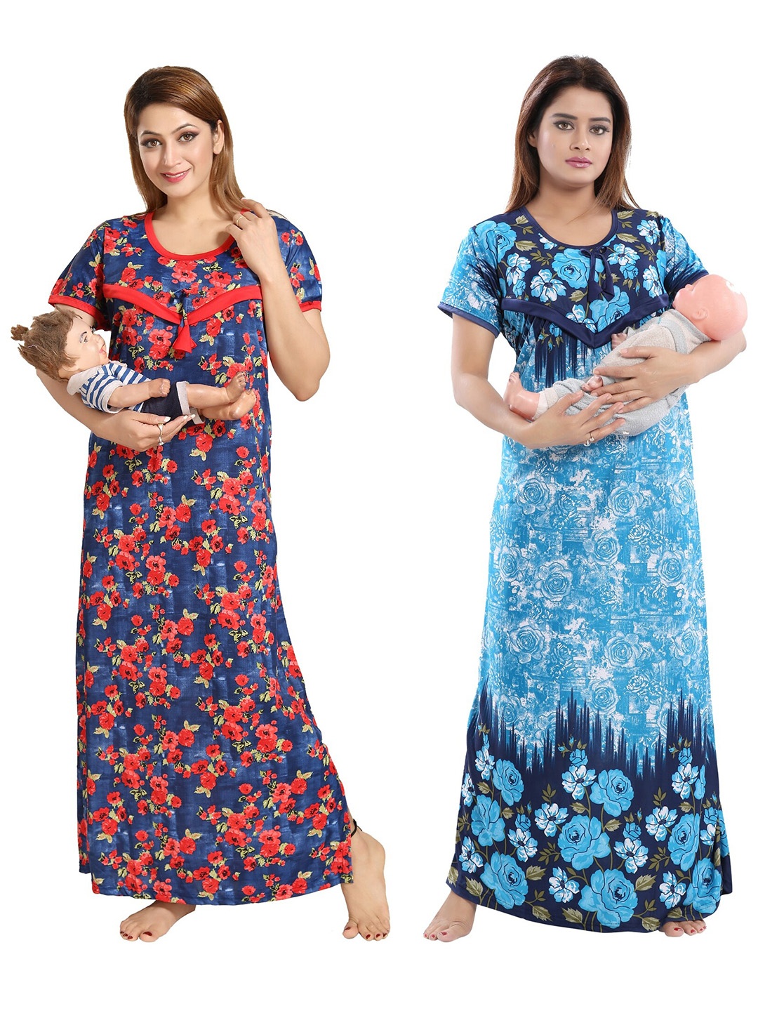 

SHOPPING STATION Pack Of 2 Floral Printed Satin Maternity Maxi Nightdress, Blue