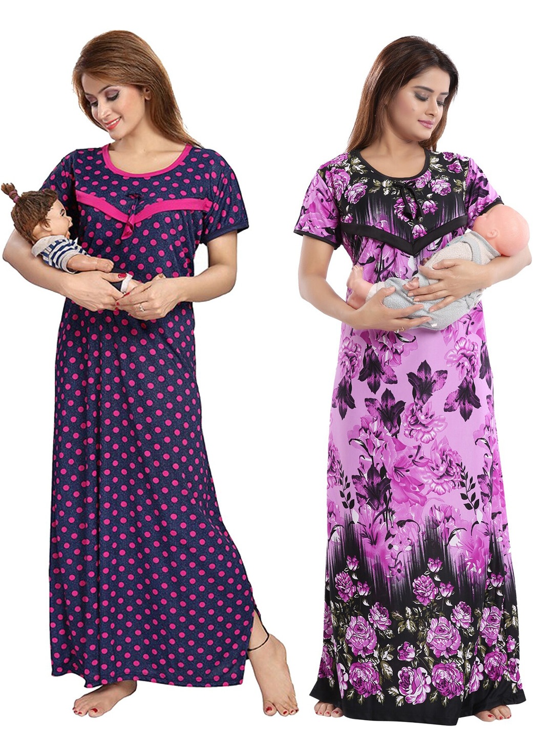 

SHOPPING STATION Pack Of 2 Floral Printed Satin Maternity Maxi Nightdress, Purple
