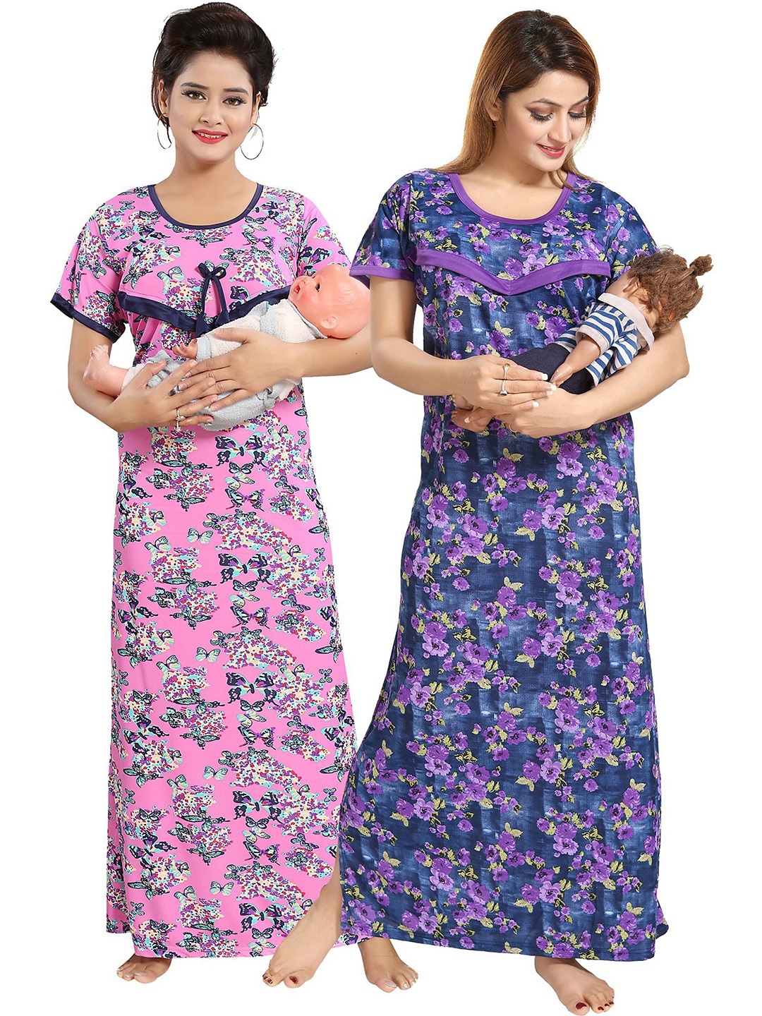 

SHOPPING STATION Pack Of 2 Floral Printed Satin Maternity Maxi Nightdress, Pink