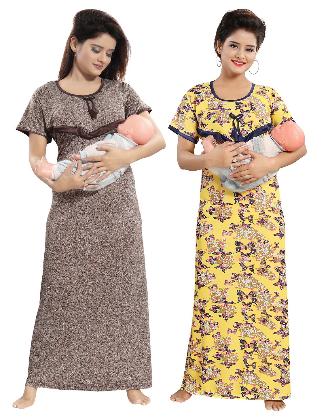 

SHOPPING STATION Pack Of 2 Floral Printed Satin Maternity Maxi Nightdress, Yellow