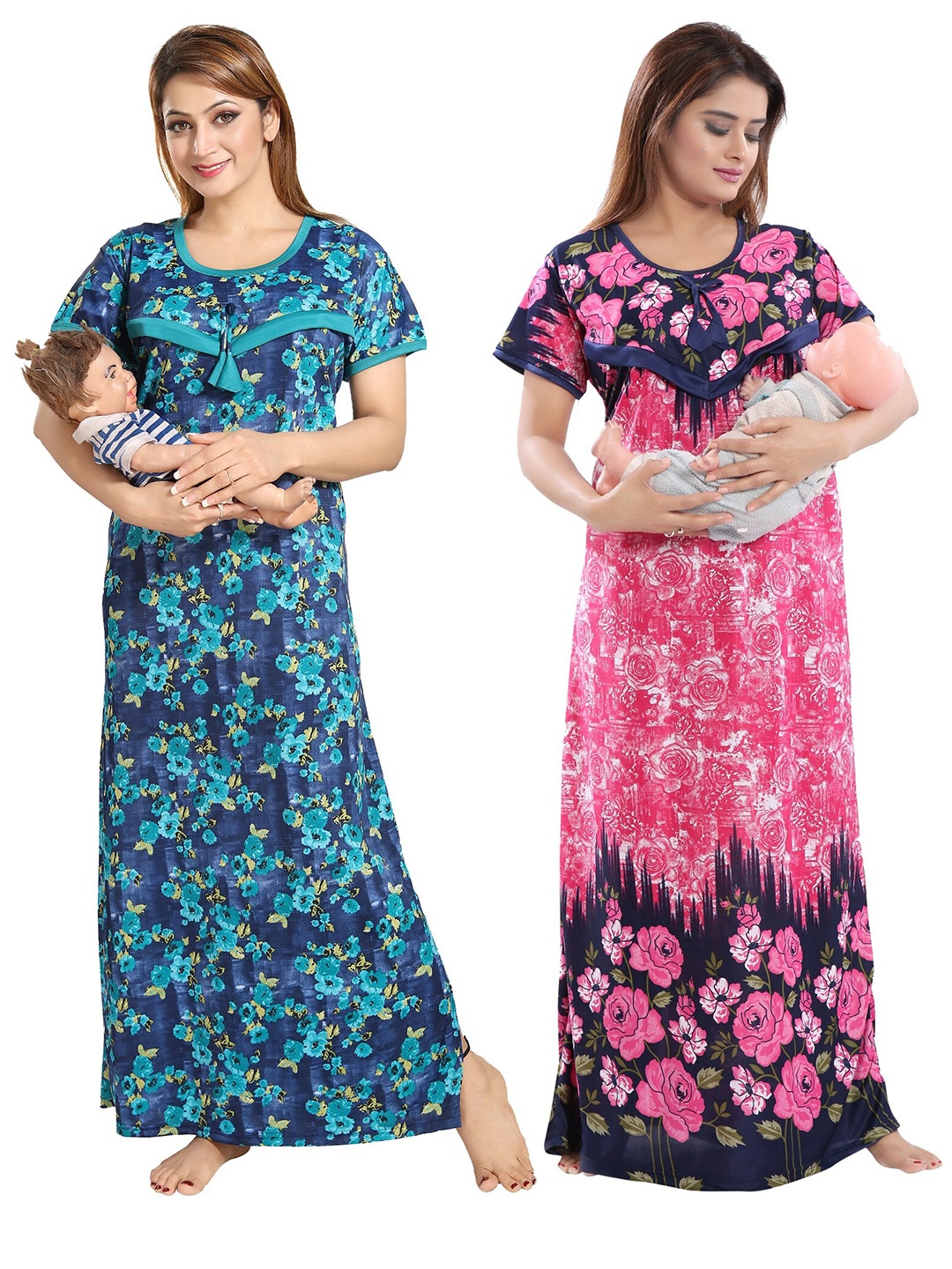 

SHOPPING STATION Pack Of 2 Floral Printed Satin Maternity Maxi Nightdress, Blue