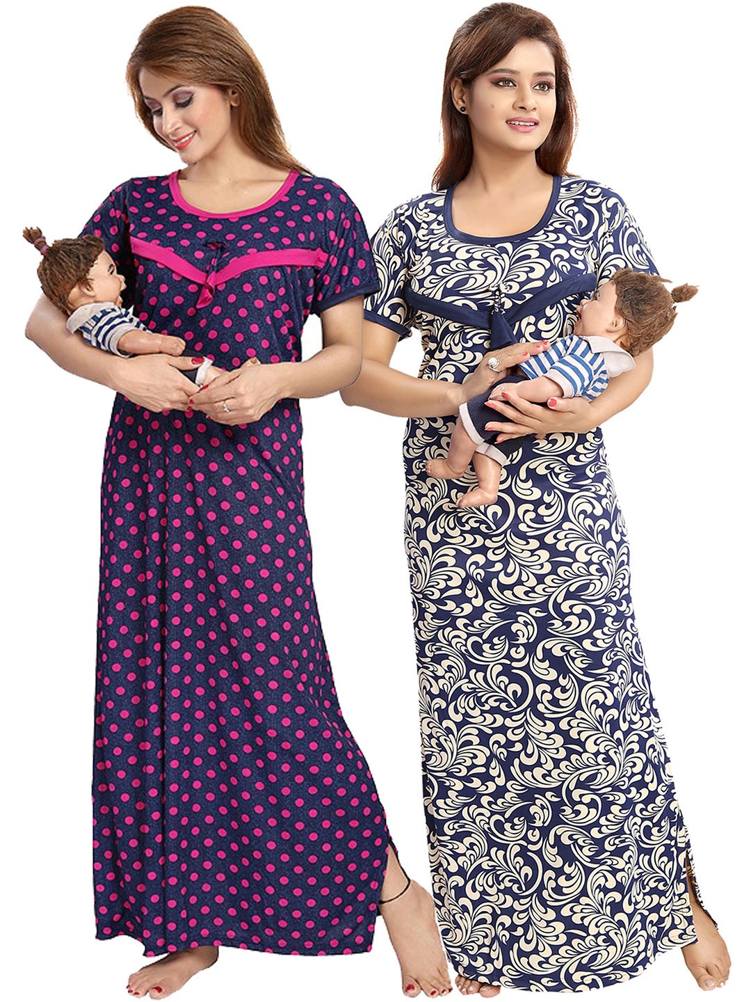 

SHOPPING STATION Pack Of 2 Polka Dots Printed Satin Maxi Nightdress, Navy blue