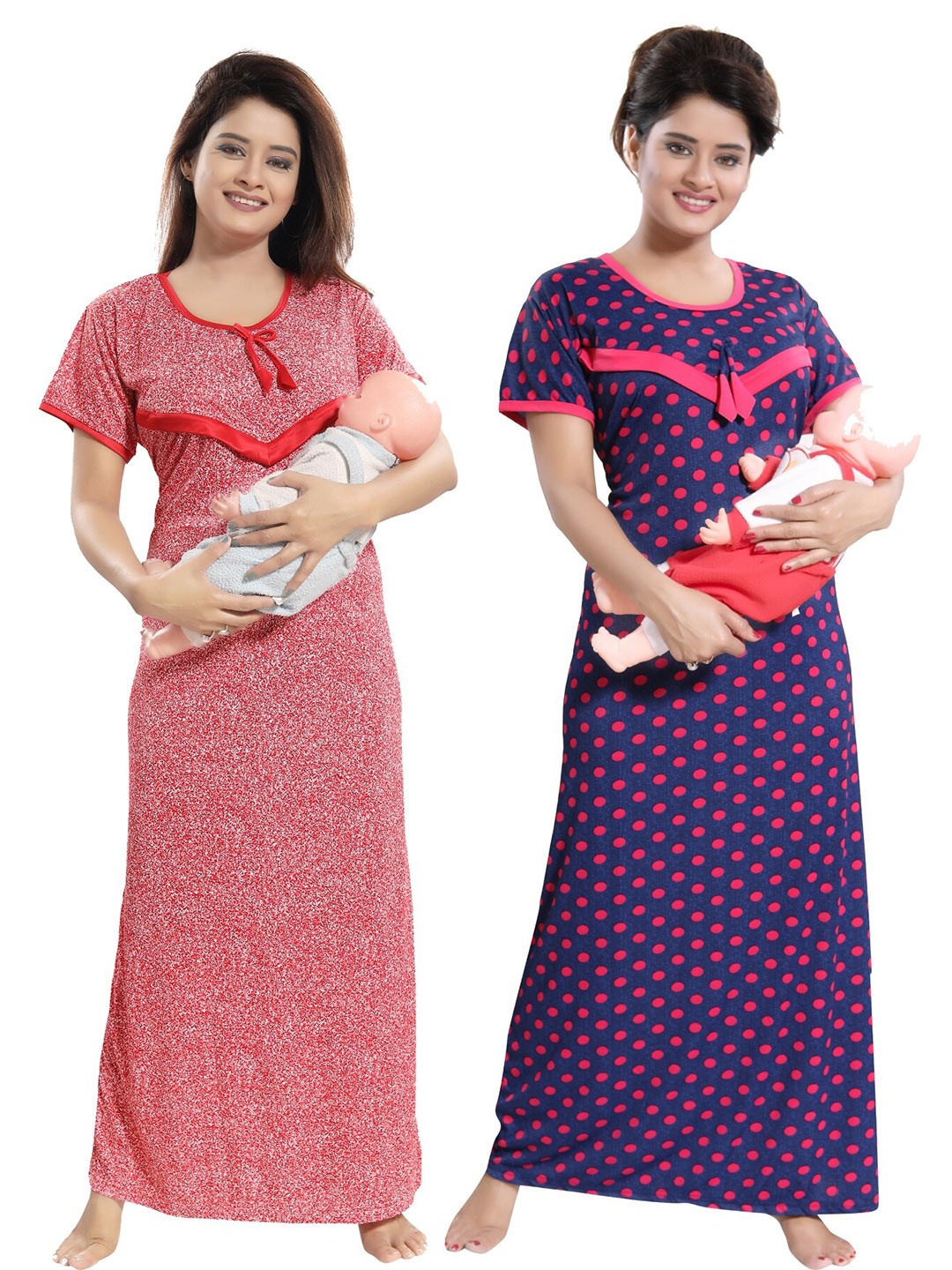 

SHOPPING STATION Pack Of 2 Polka Dots Printed Satin Maxi Nightdress, Red