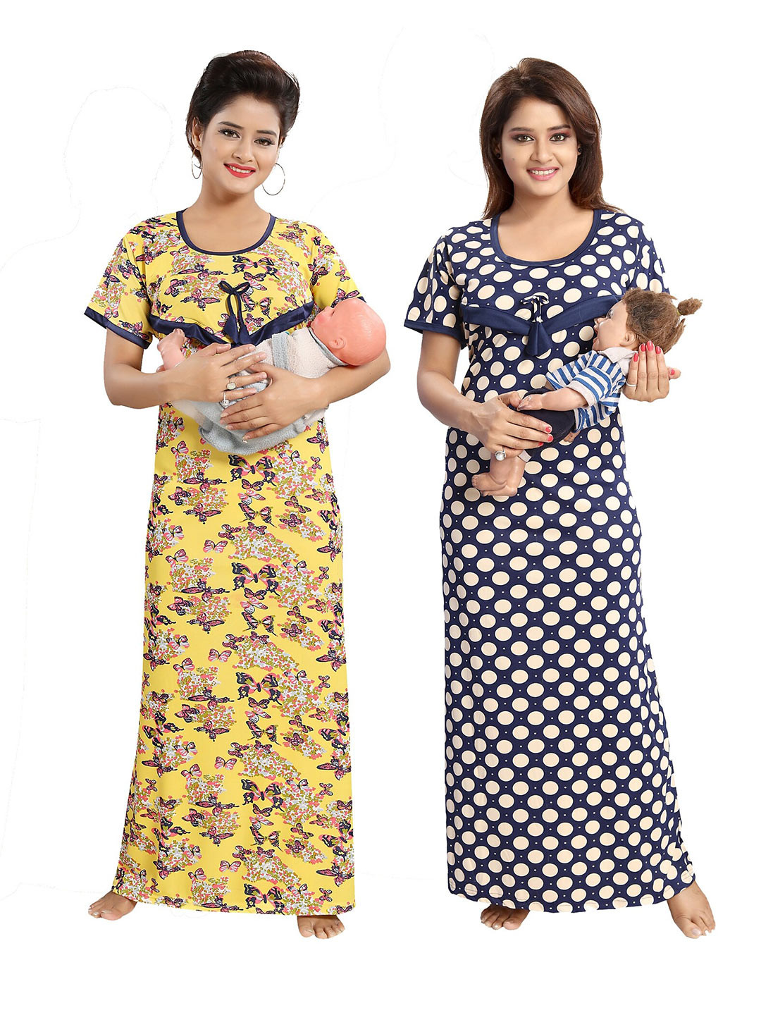 

SHOPPING STATION Pack Of 2 Polka Dots Printed Satin Maxi Nightdress, Yellow