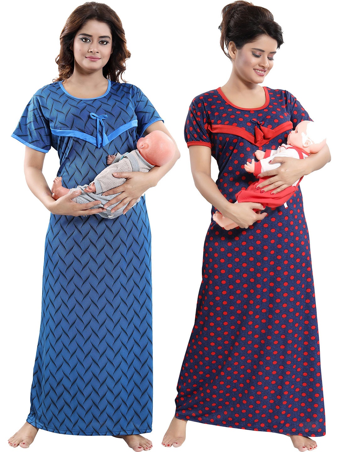 

SHOPPING STATION Pack Of 2 Polka Dots Printed Satin Maxi Nightdress, Navy blue