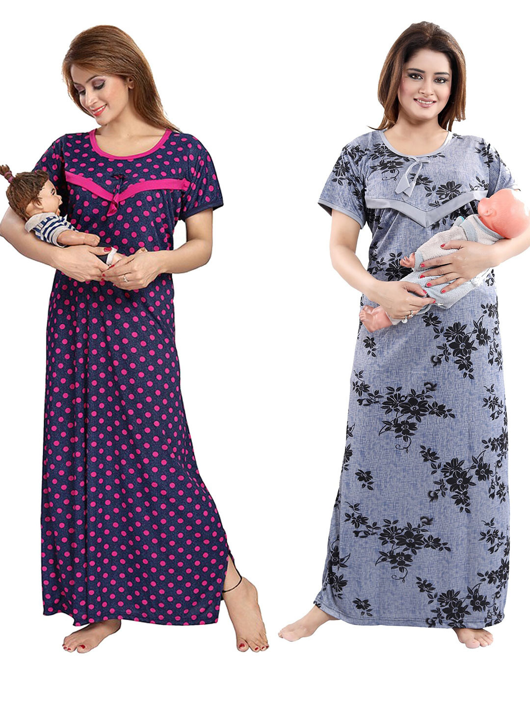 

SHOPPING STATION Pack Of 2 Floral Printed Satin Maternity Maxi Nightdress, Grey