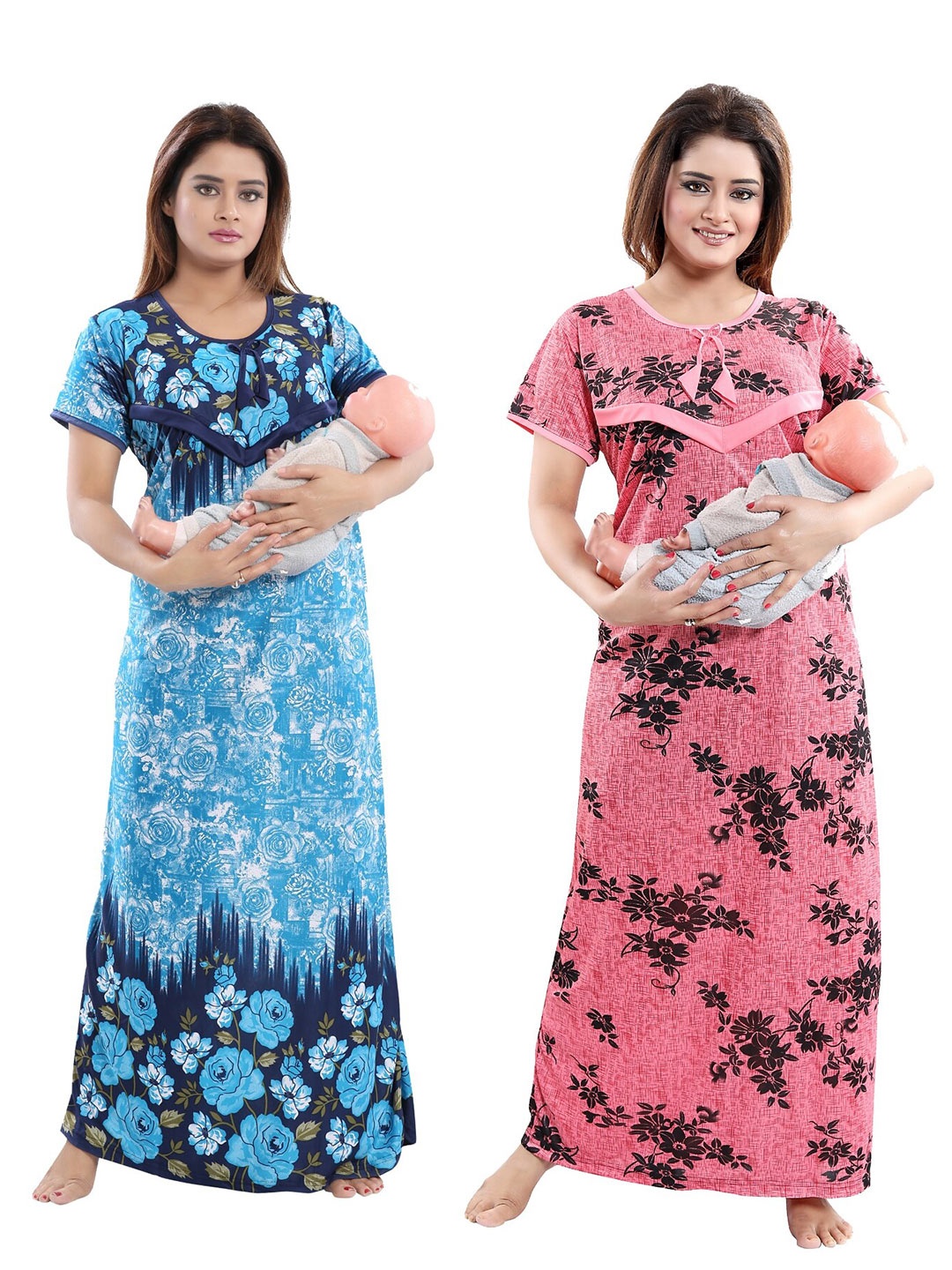 

SHOPPING STATION Pack Of 2 Floral Printed Satin Maternity Maxi Nightdress, Blue