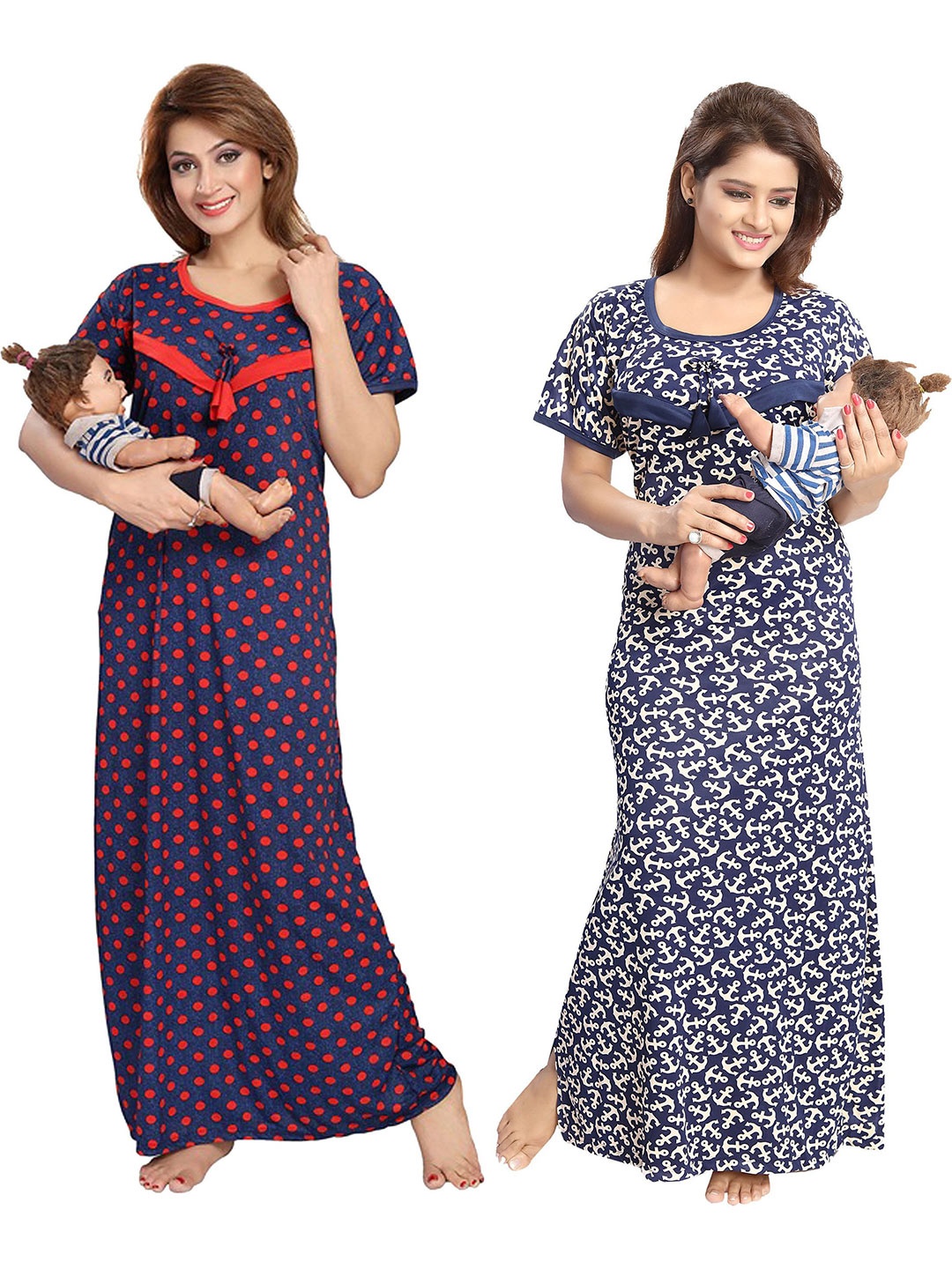 

SHOPPING STATION Pack Of 2 Polka Dots Printed Satin Maternity Maxi Nightdress, Blue