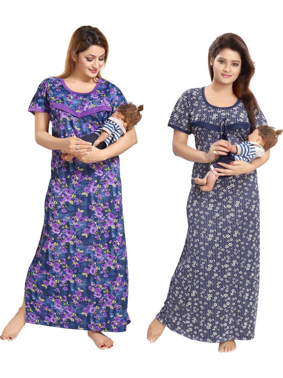 

SHOPPING STATION Pack Of 2 Floral Printed Satin Maxi Nightdress, Blue
