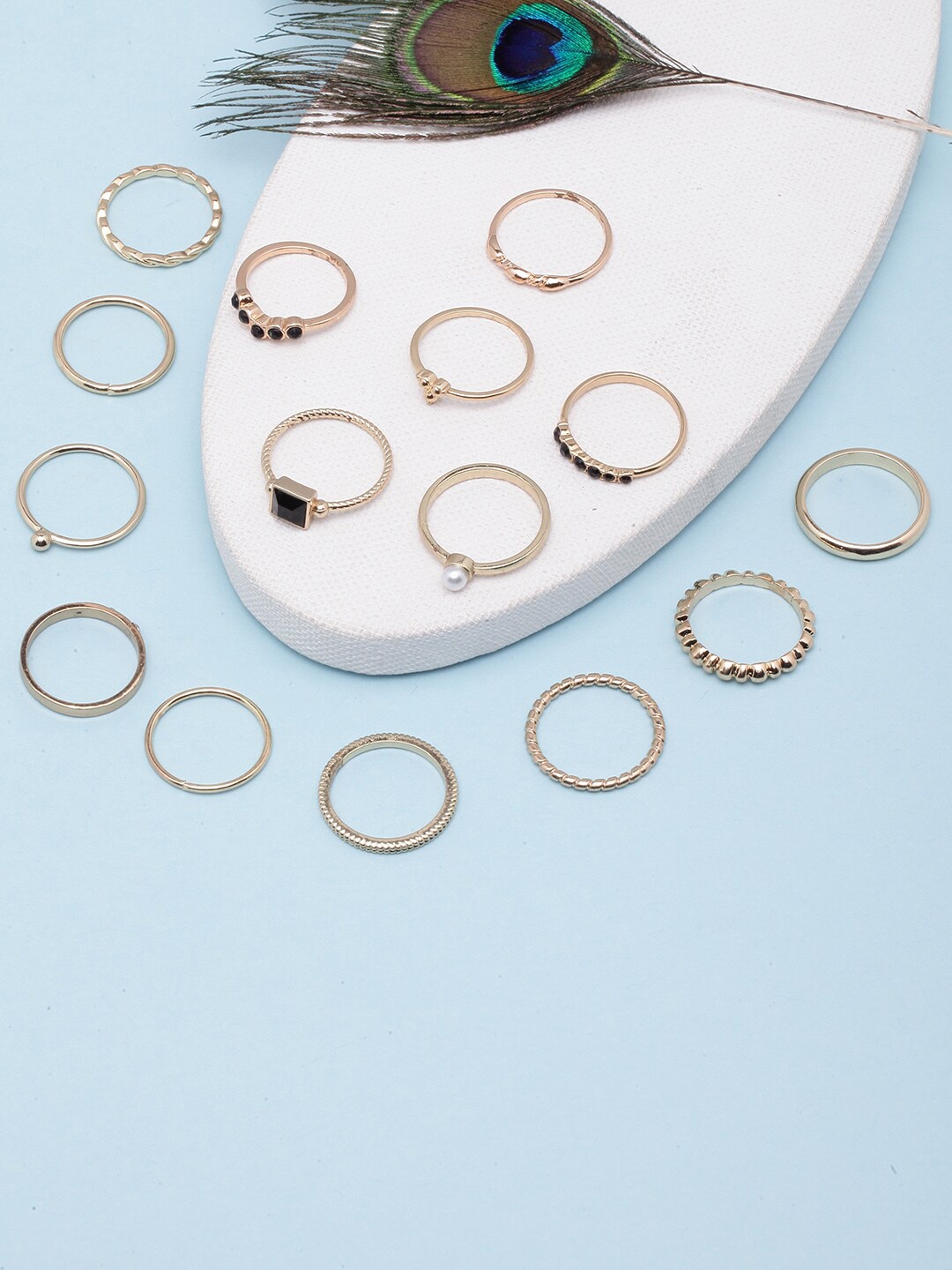 

DressBerry Set Of 15 Gold-Plated Stone Studded & Beaded Finger Rings