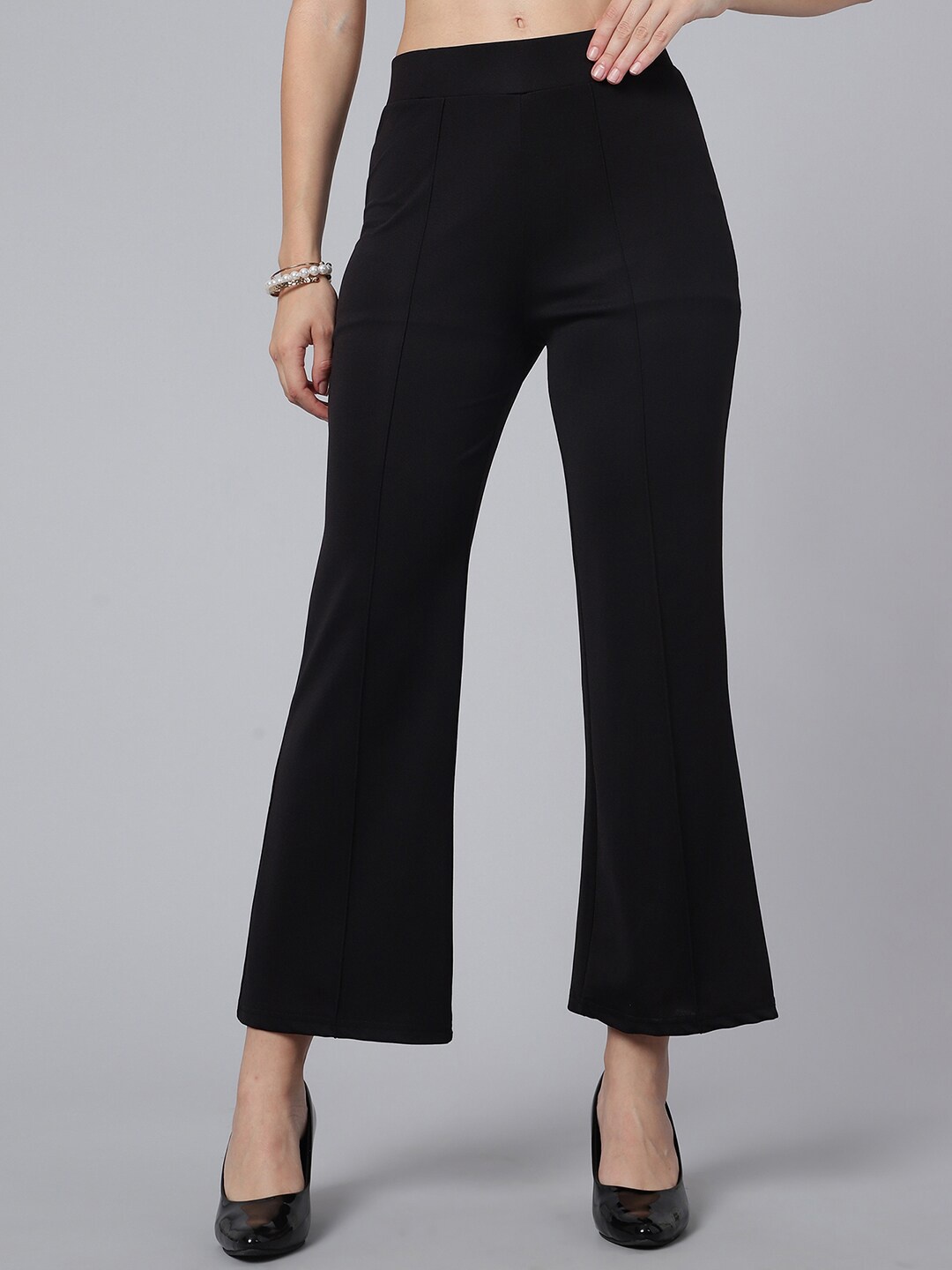 

Selvia Women Mid-Rise Cropped Bootcut Trousers, Black