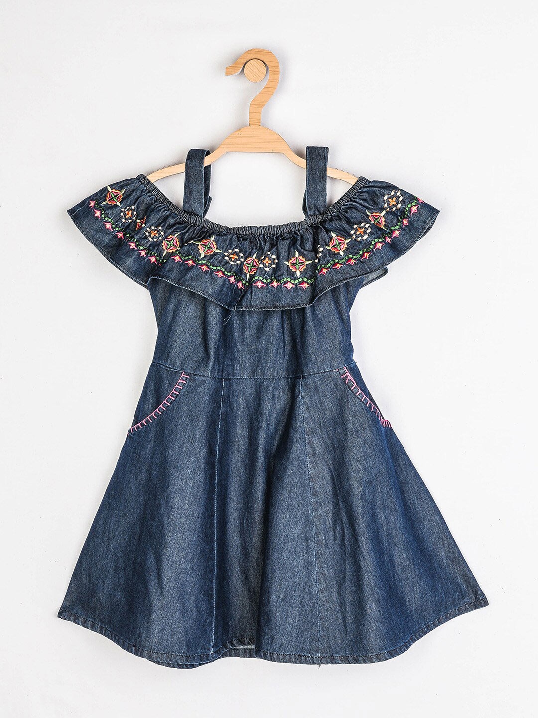 

Peppermint Girls Floral Embroidered Cotton A-Line Dress, Navy blue