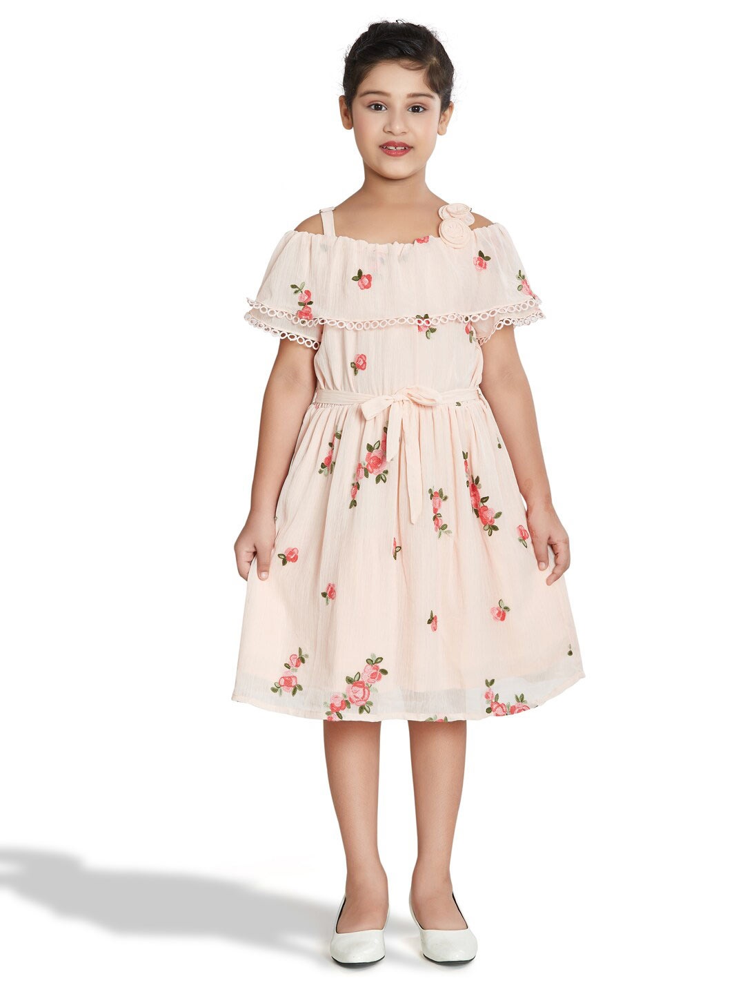 

Peppermint Girls Floral Print Cold-Shoulder Satin Fit & Flare Dress, Peach