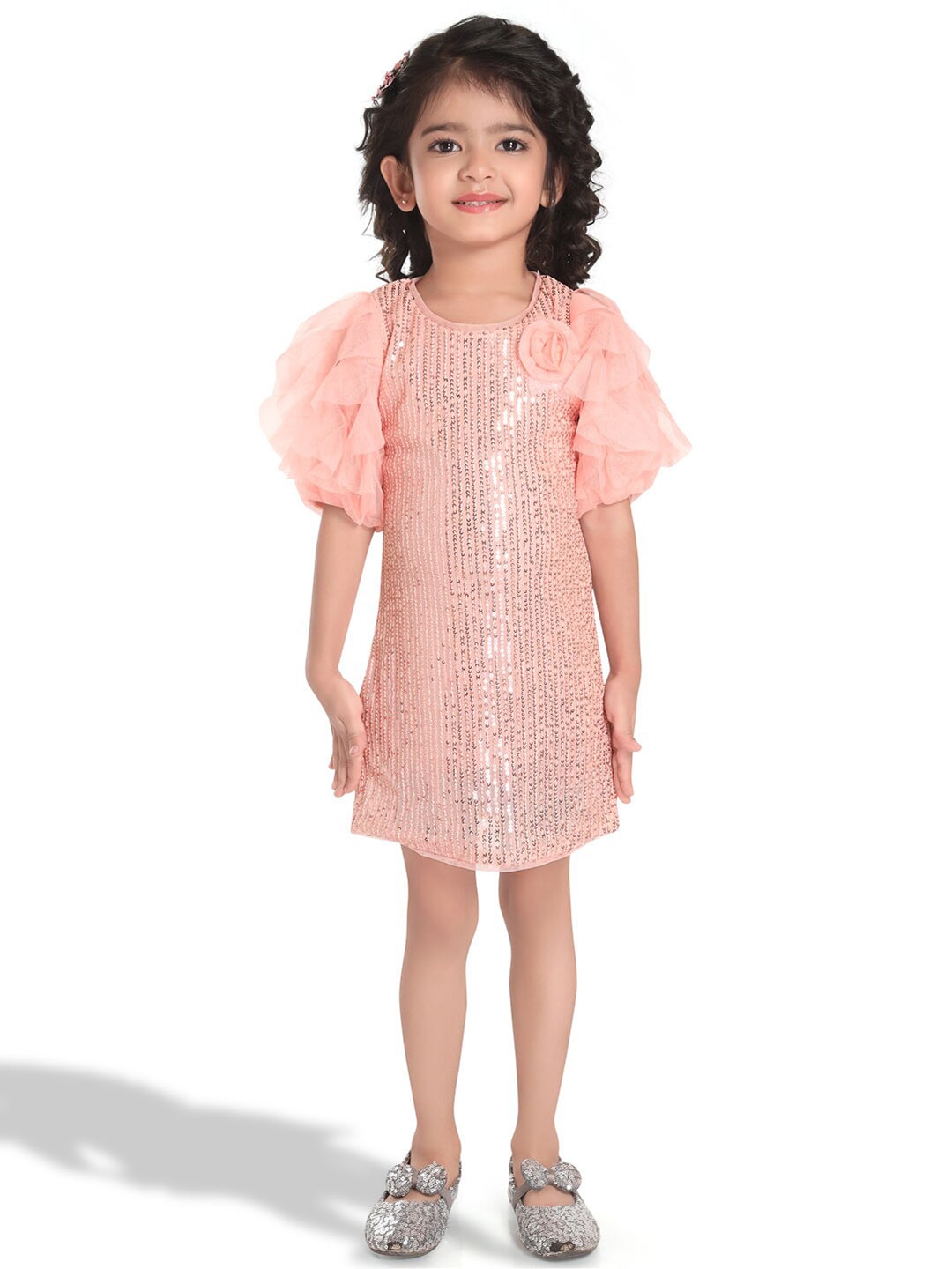 

Peppermint Girls Flutter Sleeve Satin A-Line Dress, Peach