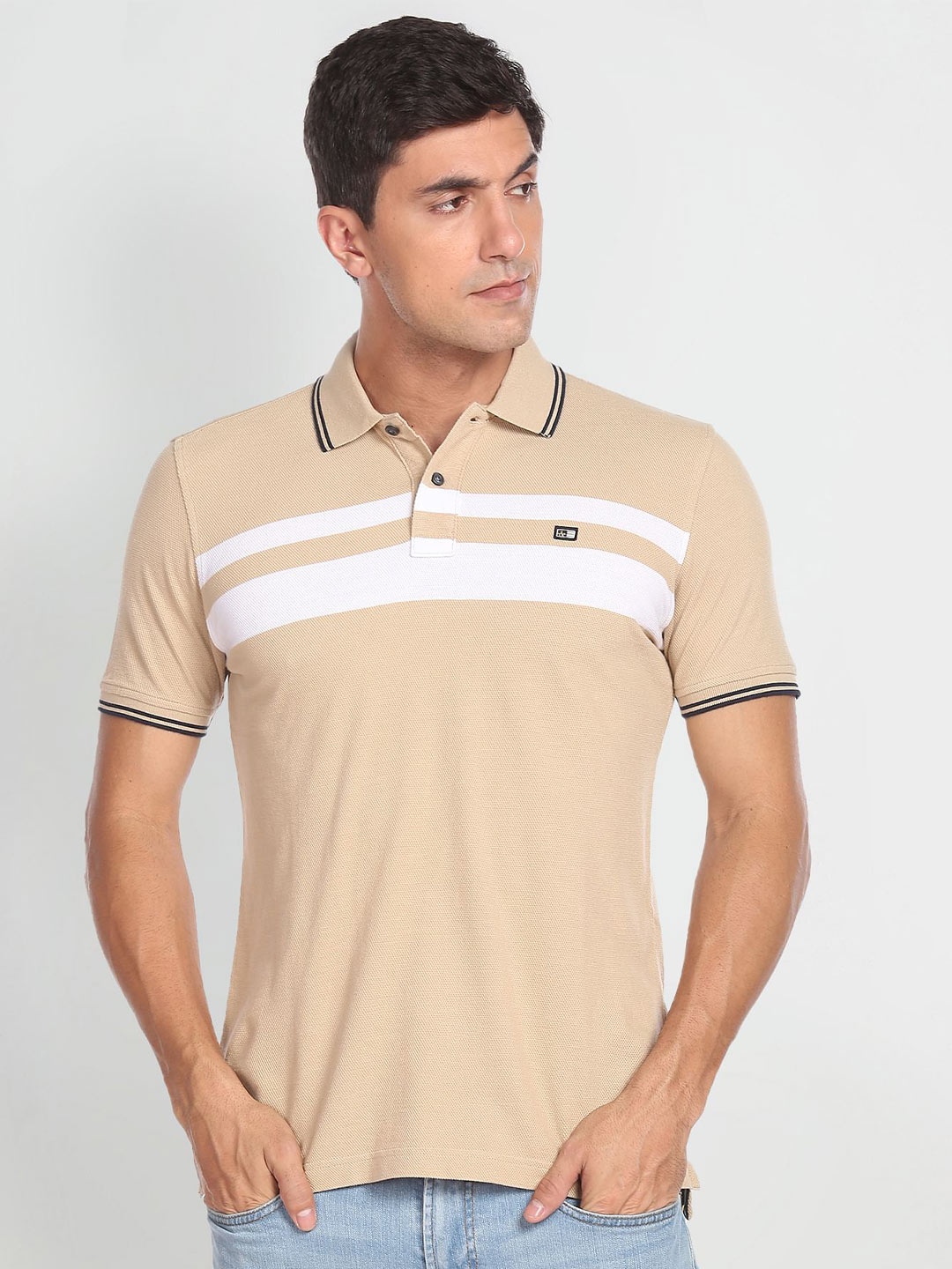 

Arrow Sport Striped Polo Collar Short Sleeves Casual T-shirt, Beige