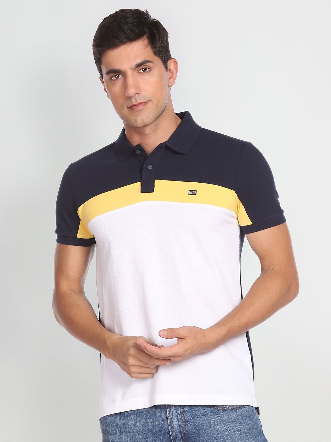 

Arrow Sport Colourblocked Polo Collar Pure Cotton T-shirt, Blue