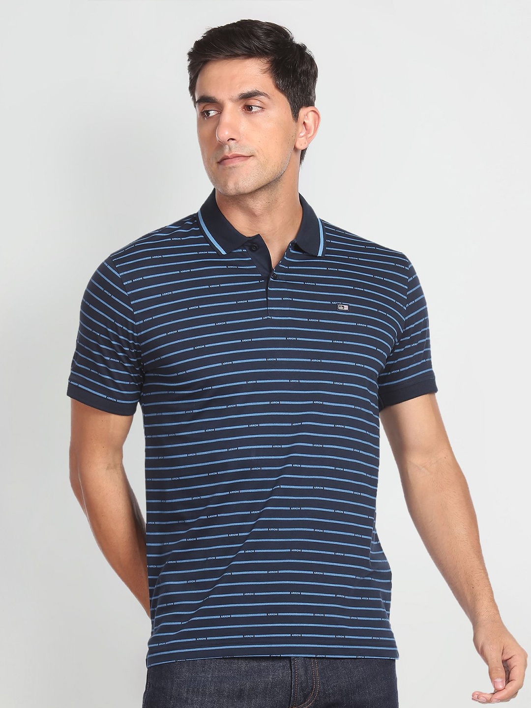 

Arrow Sport Horizontal Striped Polo Collar Pure Cotton T-shirt, Blue