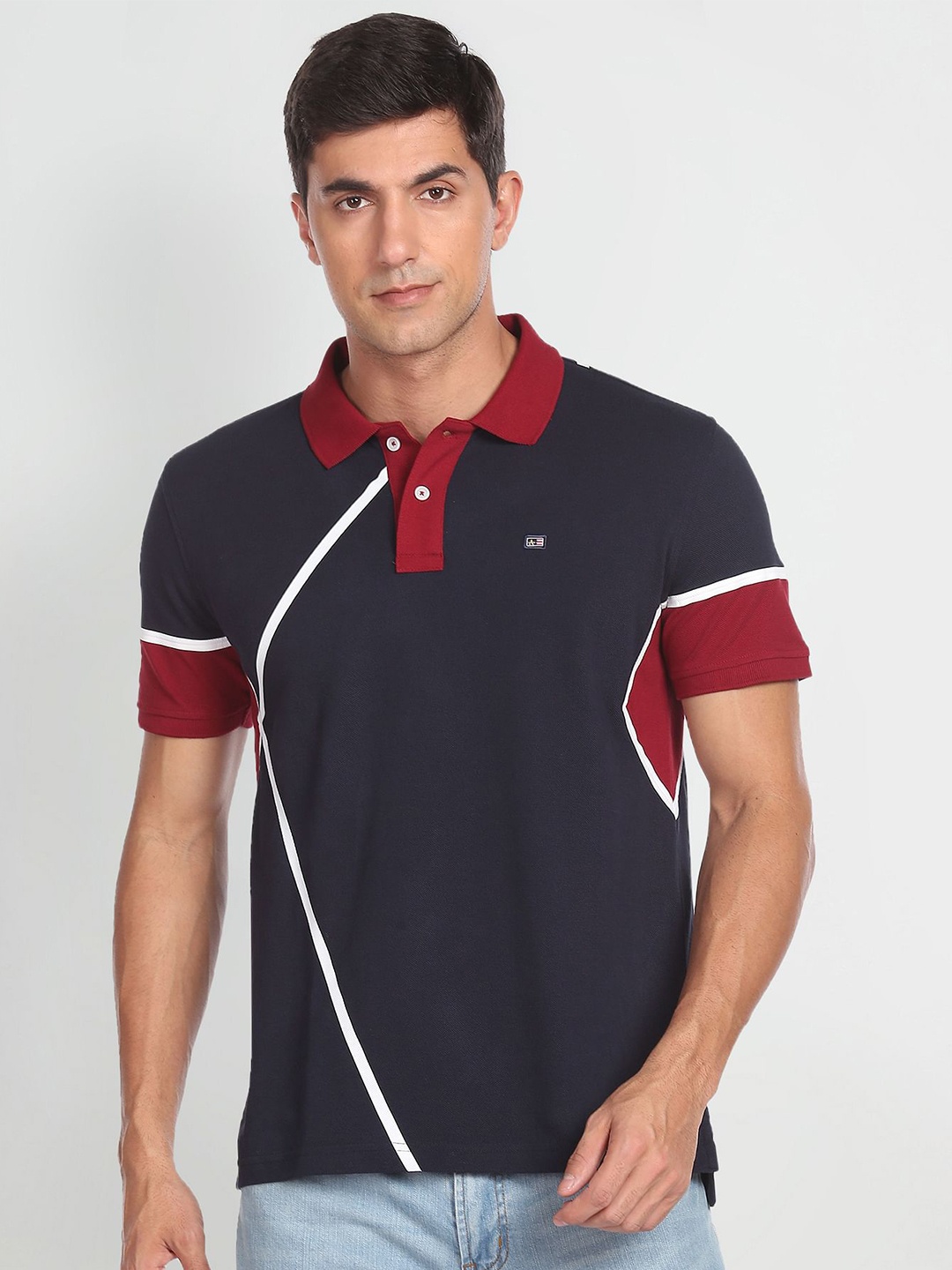 

Arrow Sport Colourblocked Polo Collar Pure Cotton T-shirt, Navy blue