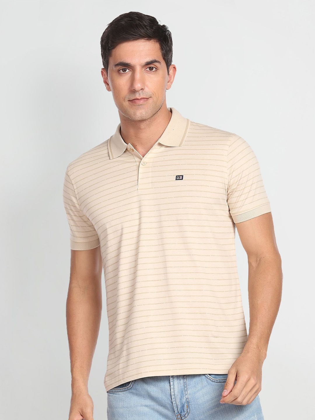 

Arrow Sport Horizontal Striped Polo Collar Pure Cotton T-shirt, Beige