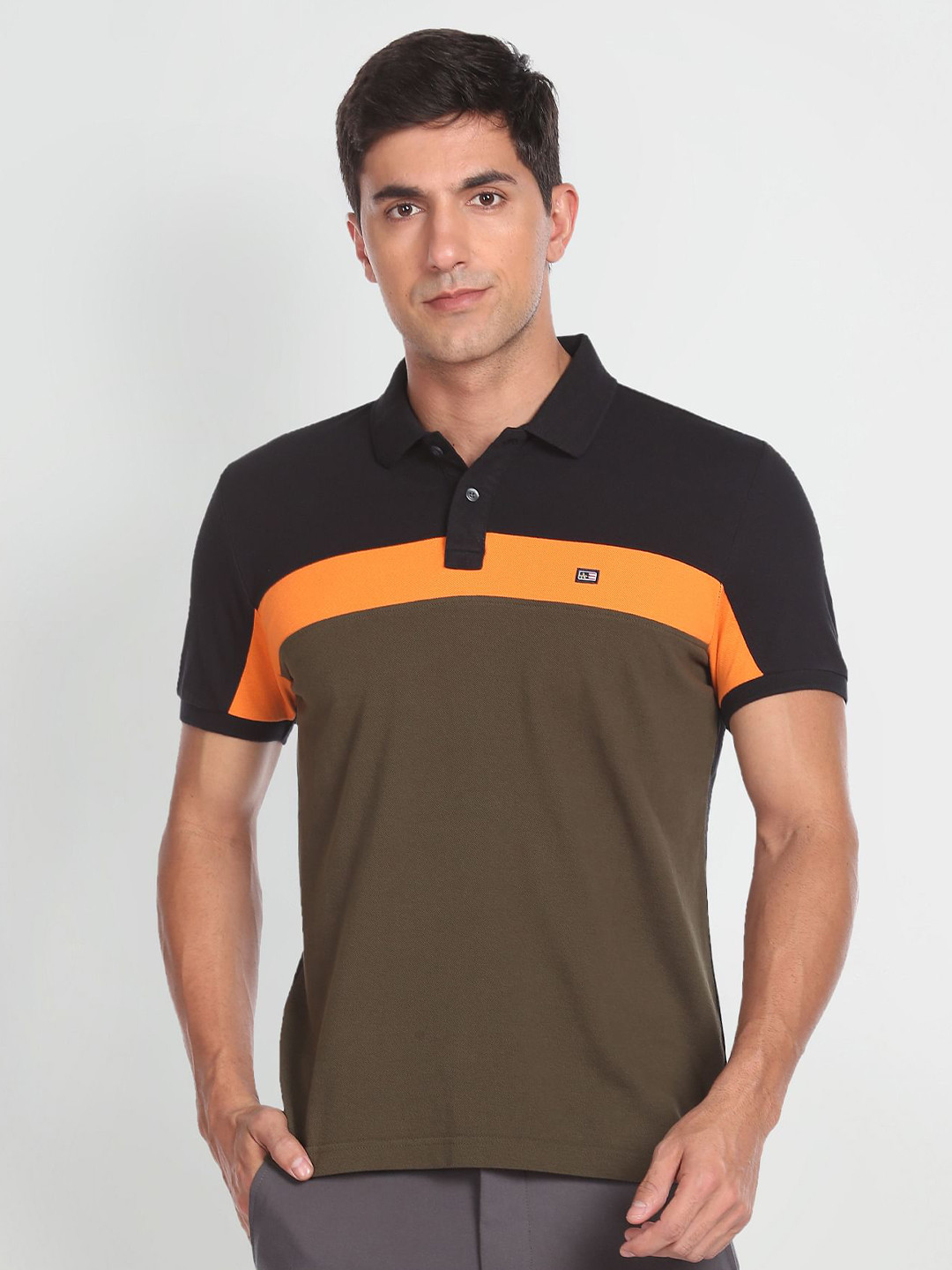

Arrow Sport Colourblocked Polo Collar Cotton T-shirt, Black