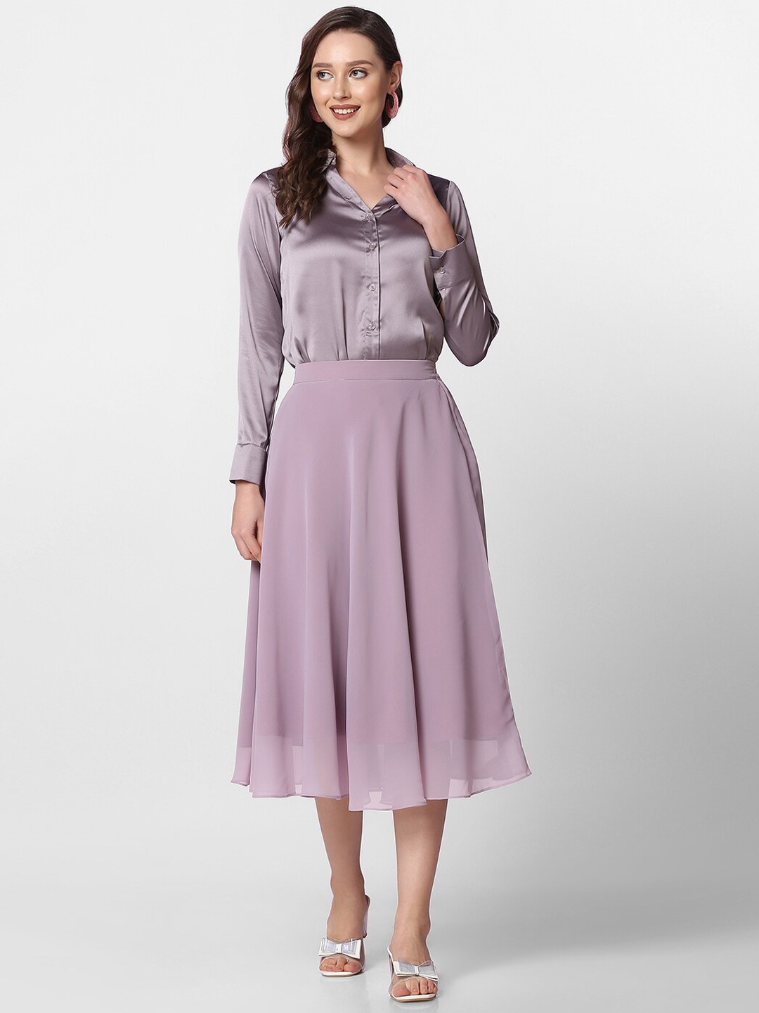 

Selvia Women Shirt & Flared Midi Skirt Co-Ords, Lavender