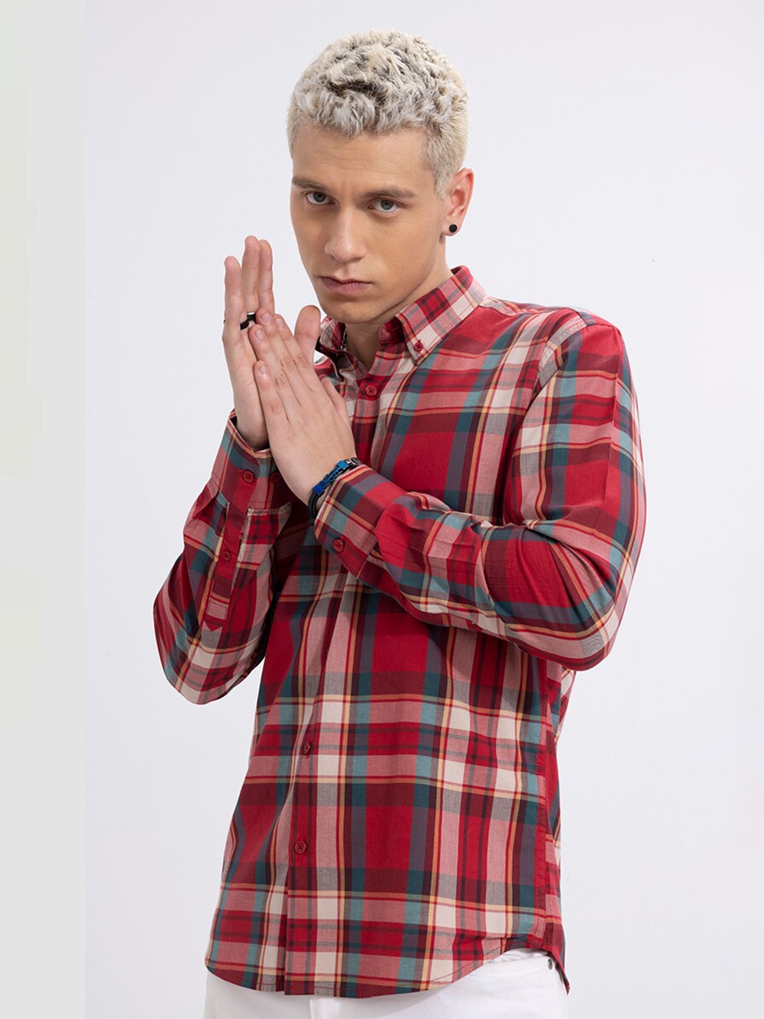 

Snitch Red Slim Fit Windowpane Checked Casual Cotton Shirt