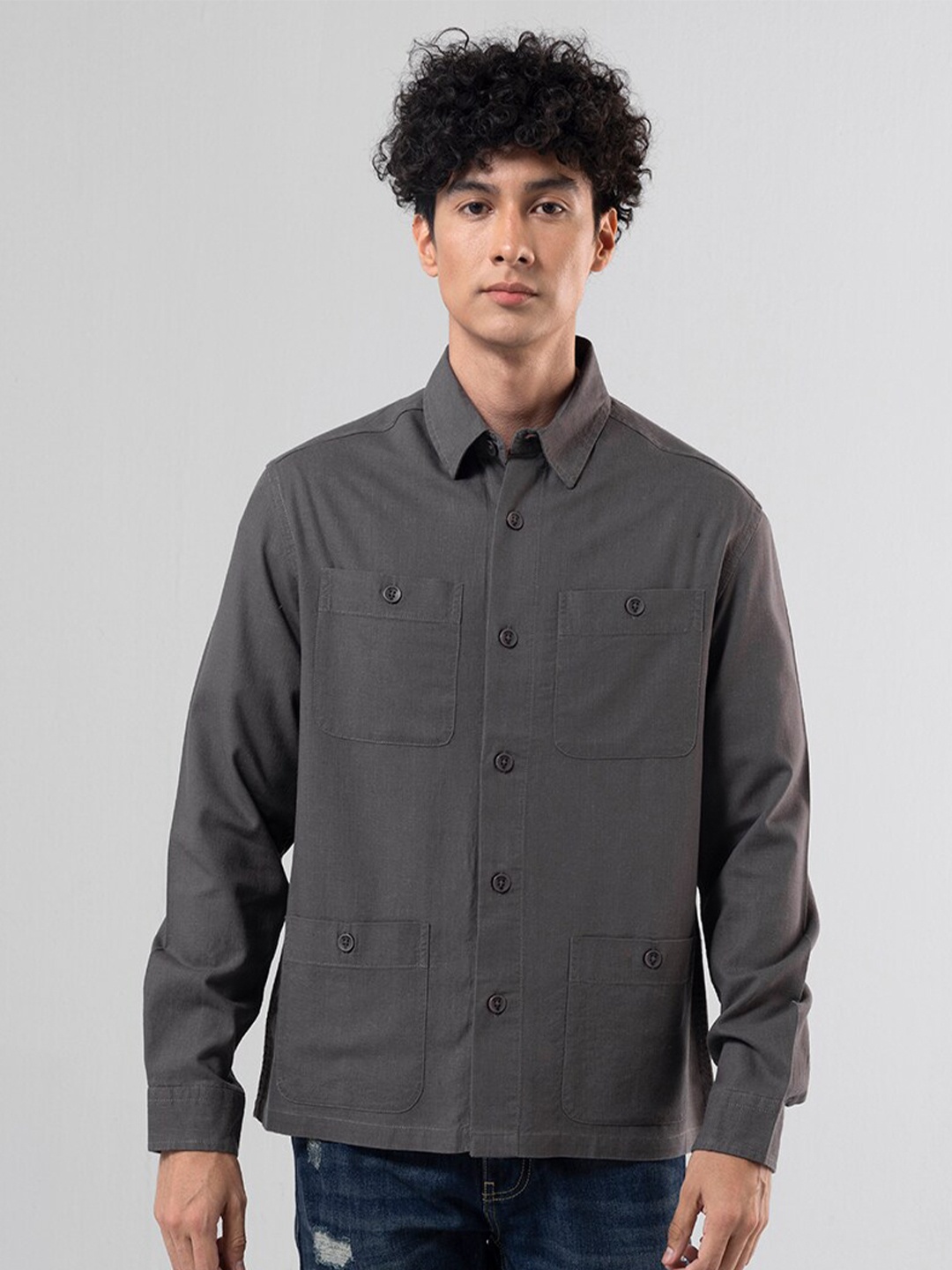 

Snitch Grey Spread Collar Slim Fit Casual Linen Shirt