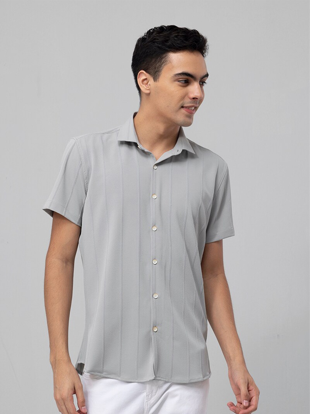 

Snitch Grey Slim Fit Striped Casual Cotton Shirt