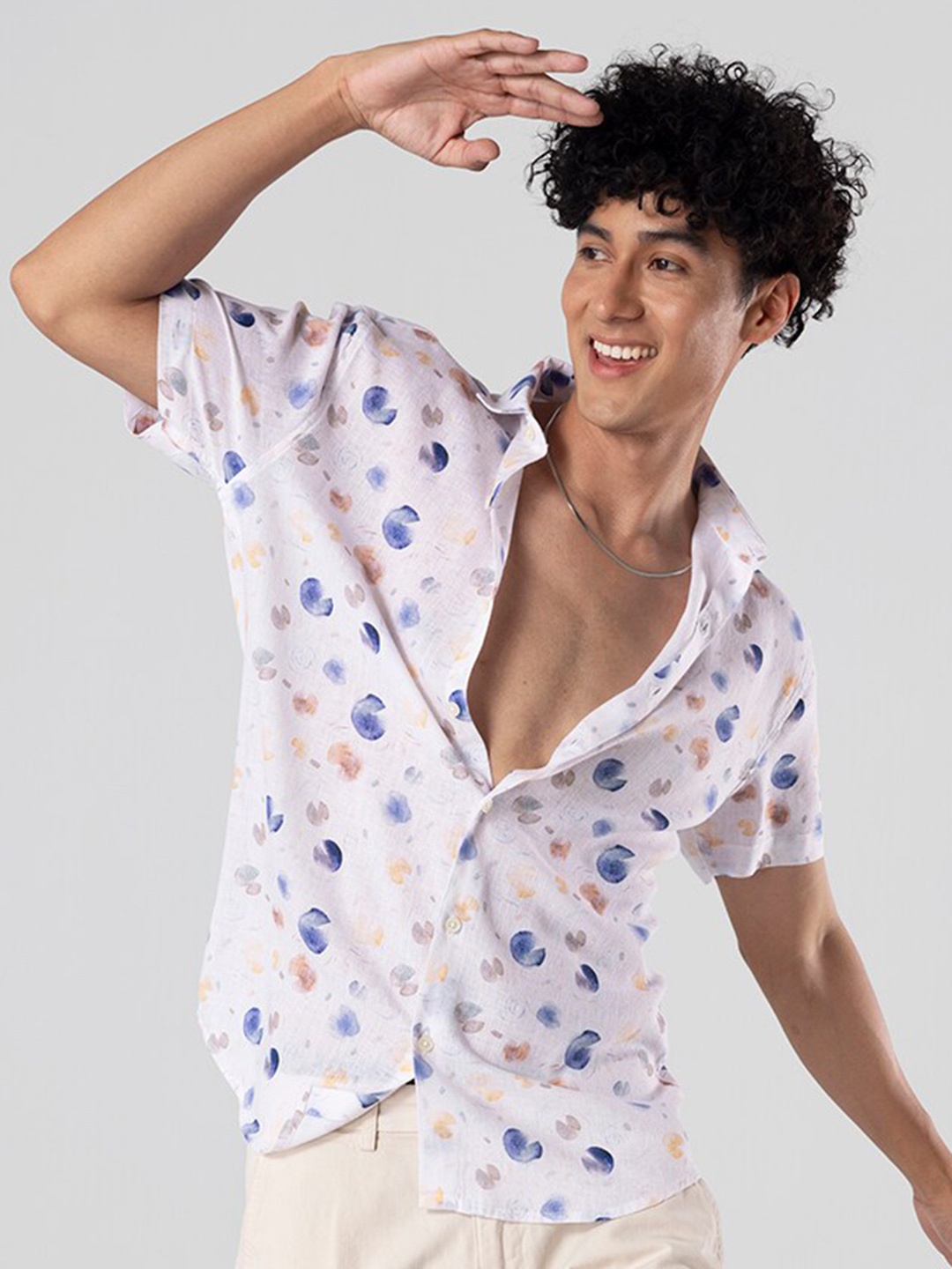

Snitch Blue Conversational Printed Linen Casual Shirt