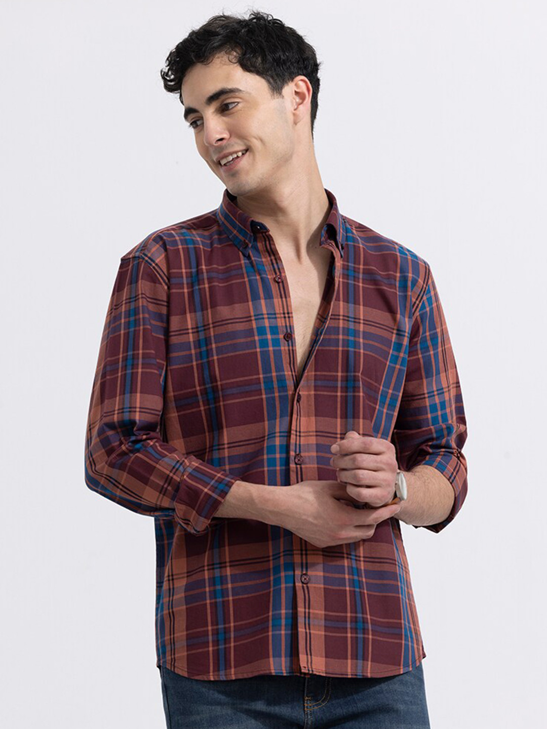 

Snitch Maroon Slim Fit Windowpane Checked Casual Cotton Shirt
