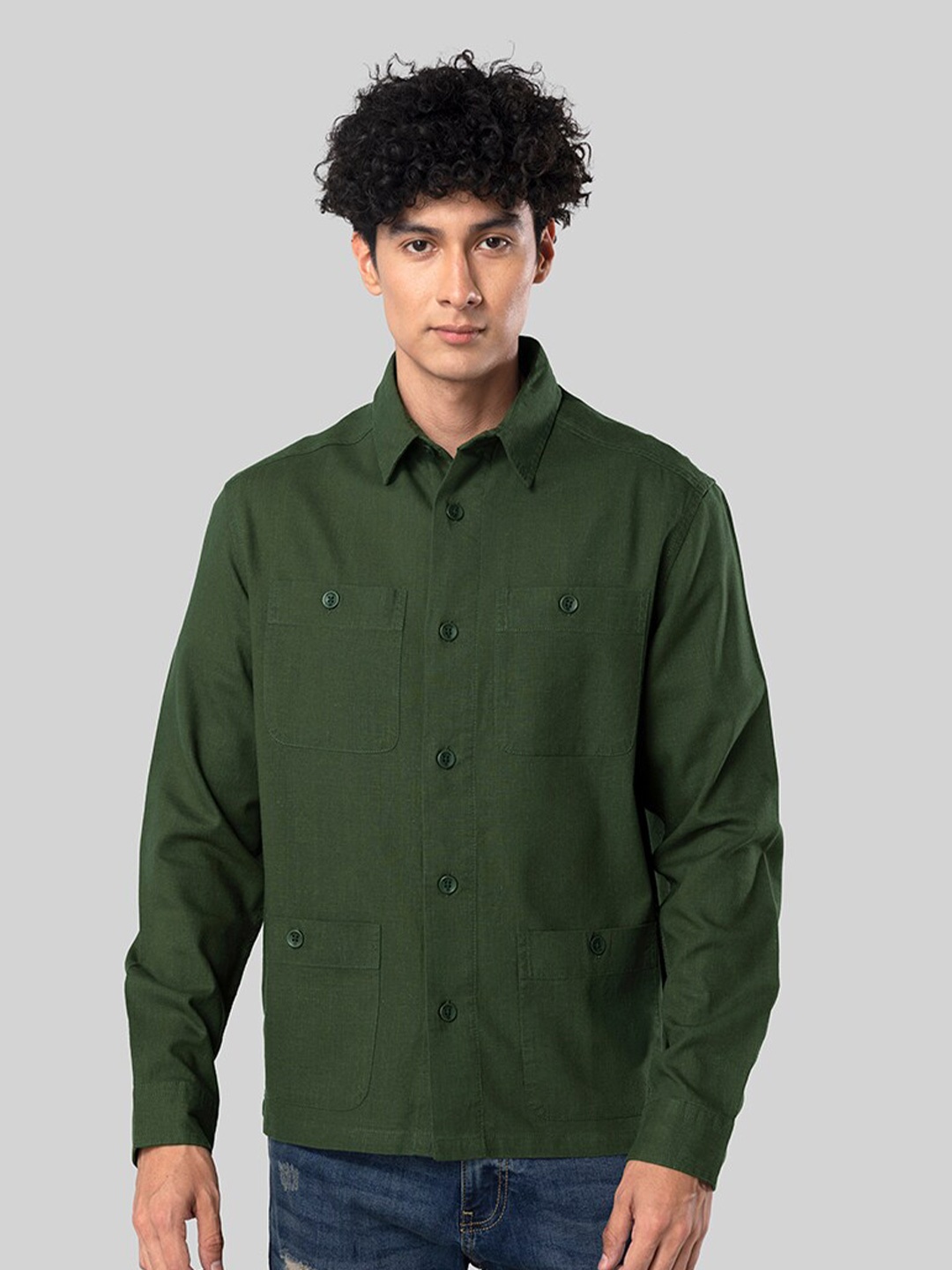 

Snitch Green Slim Fit Casual Spread Collar Cotton Shirt