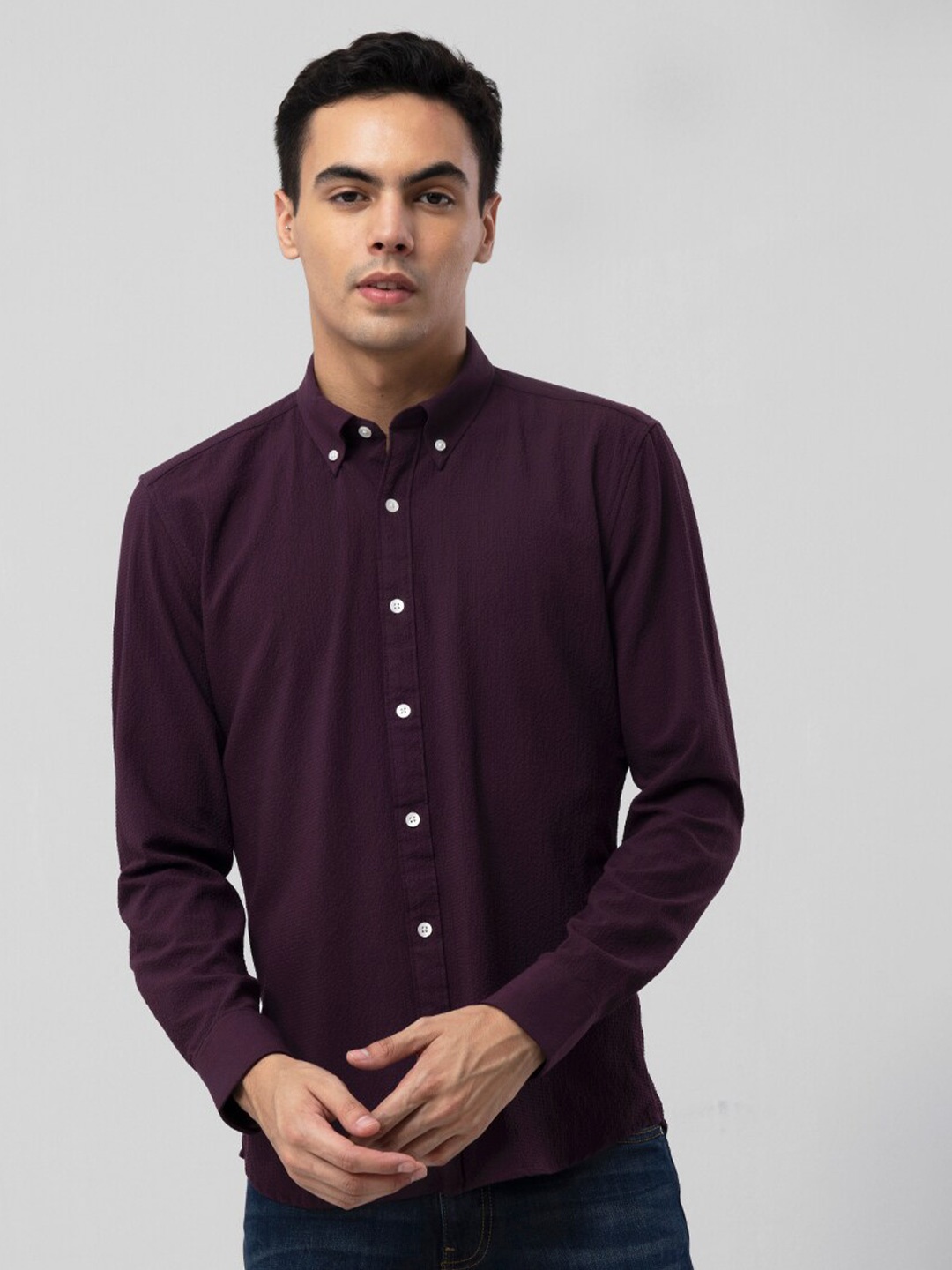 

Snitch Purple Slim Fit Button Down Collar Casual Cotton Shirt