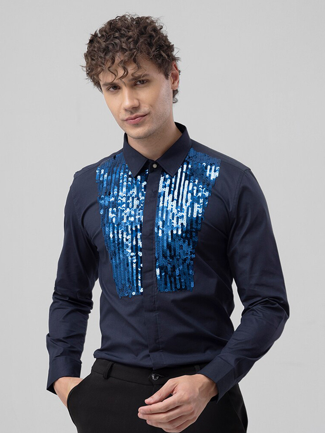 

Snitch Blue Slim Fit Embellished Casual Cotton Shirt
