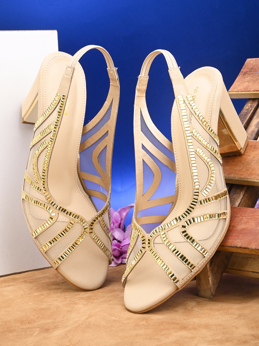 

pelle albero Peep Toes Embellished Party Block Heels, Gold