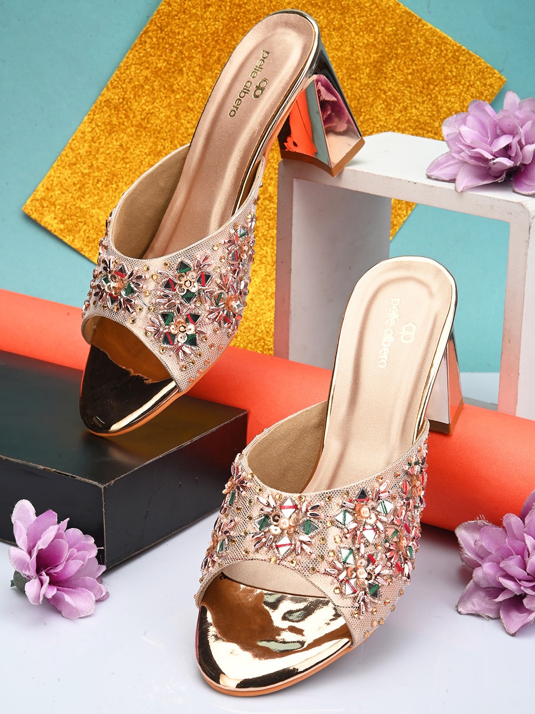 

pelle albero Peep Toes Embellished Party Block Heels, Gold
