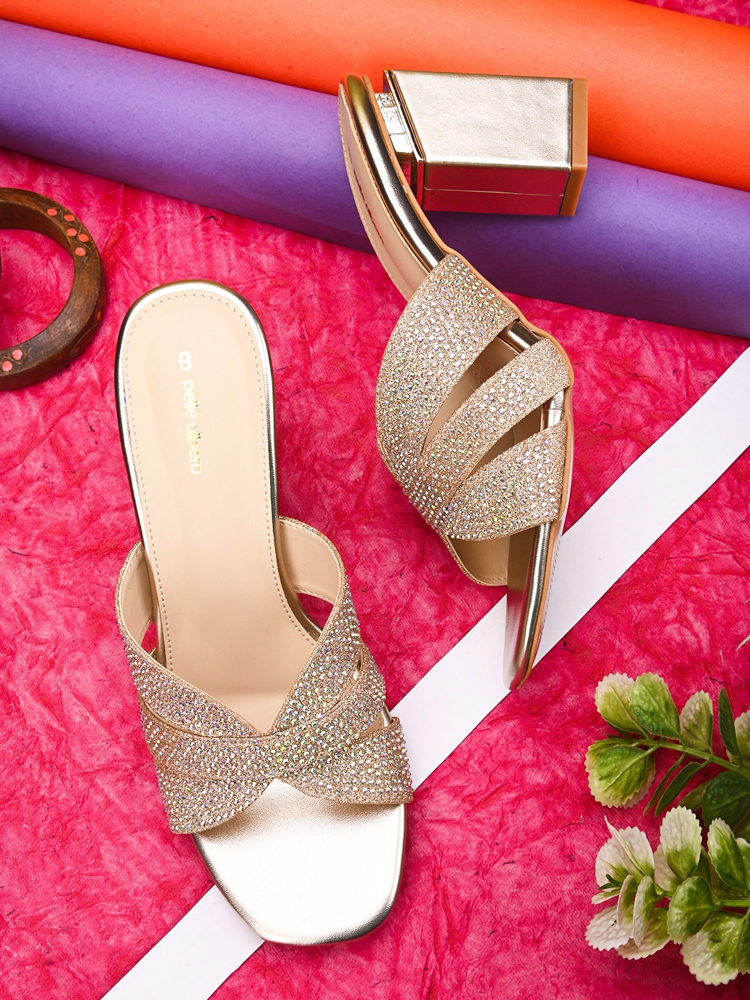 

pelle albero Peep Toes Embellished Party Block Heels, Gold