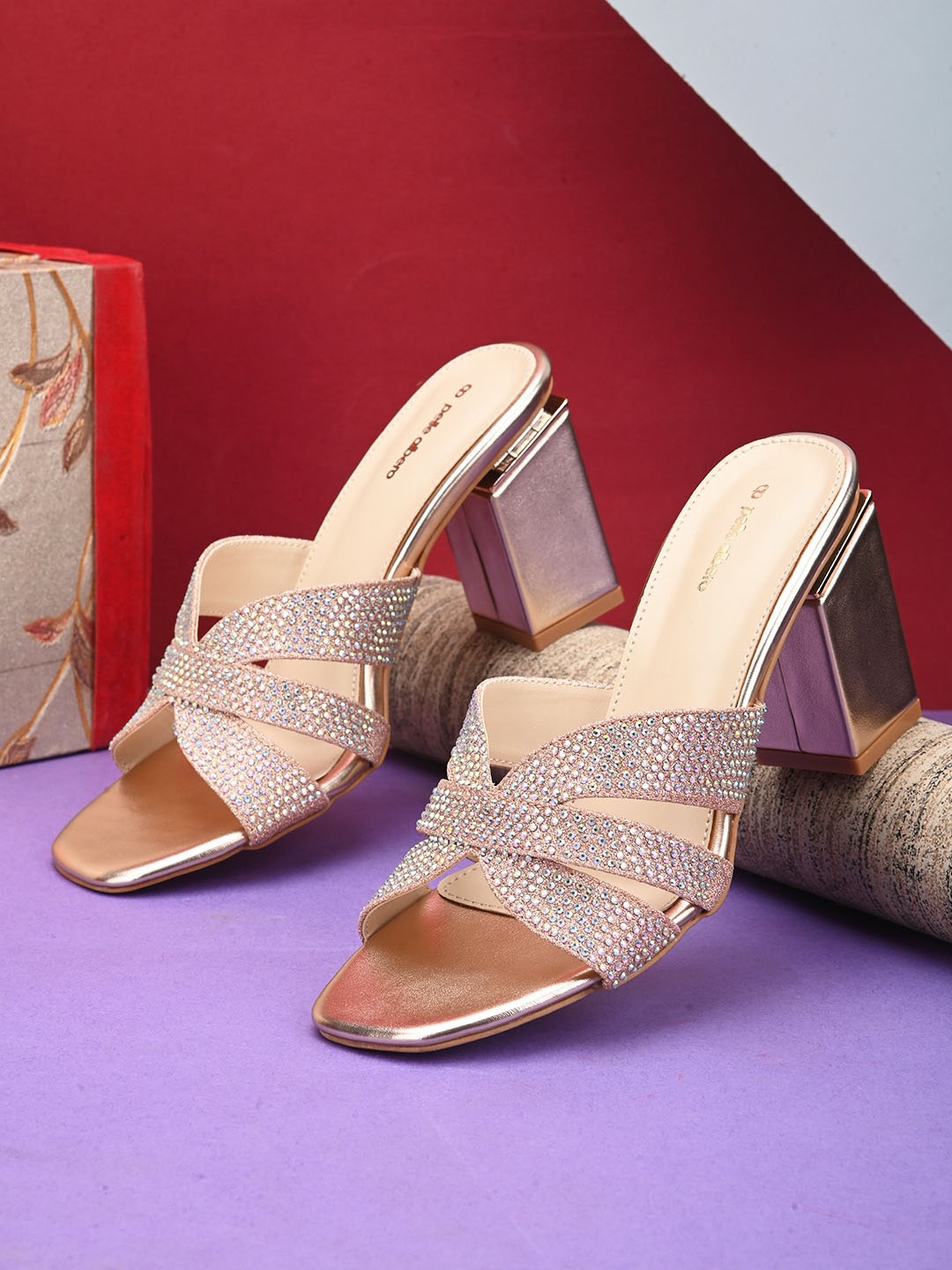 

pelle albero Peep Toes Embellished Party Block Heels, Gold