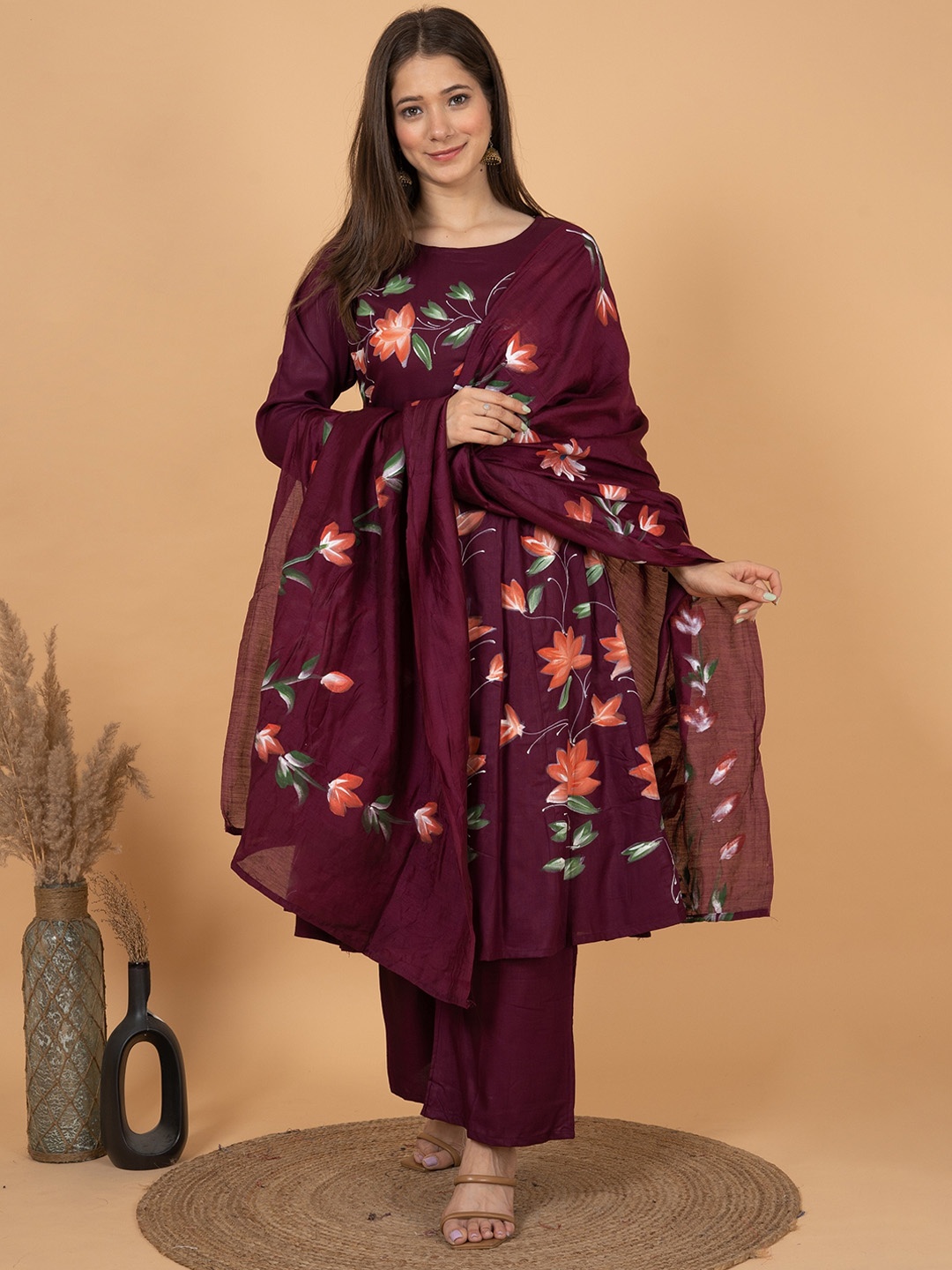 

Sitaram Designer Floral Printed Anrakali Kurta with Palazzos & Dupatta, Magenta