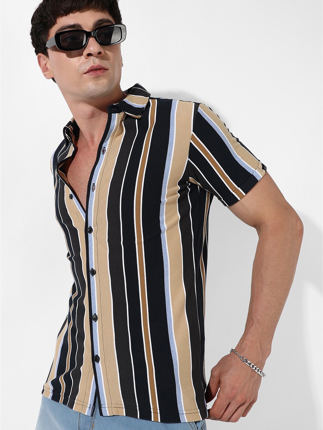 

Campus Sutra Black Classic Striped Cotton Casual Shirt, Beige