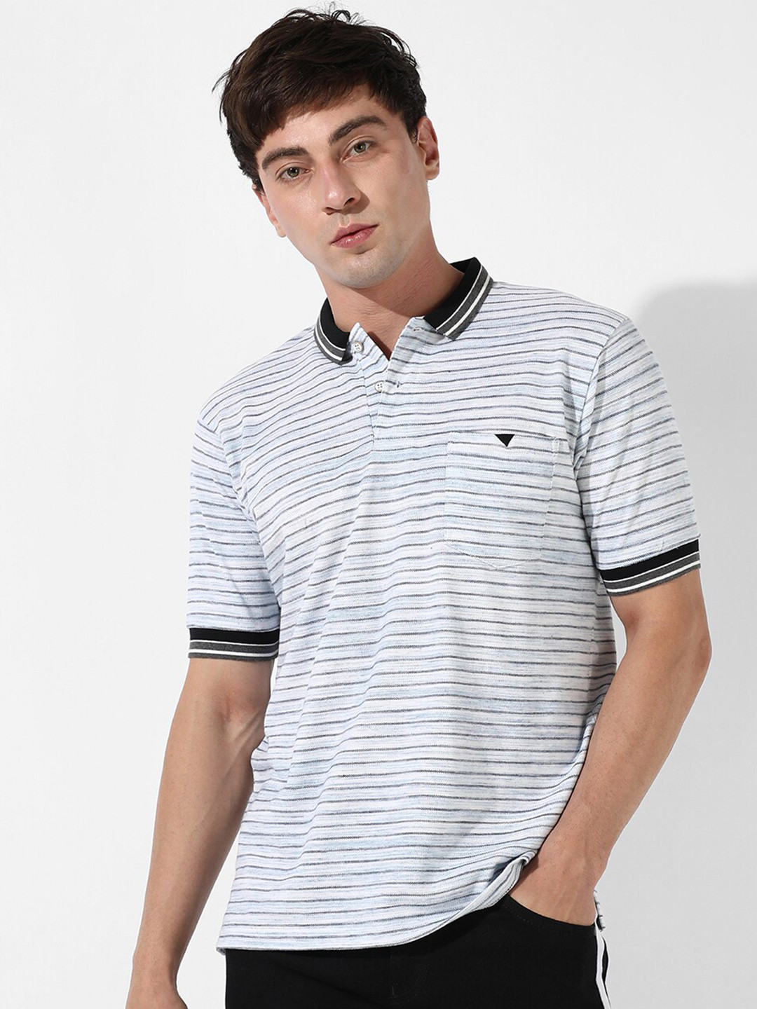 

Campus Sutra White & Black Striped Round Neck Cotton T-shirt