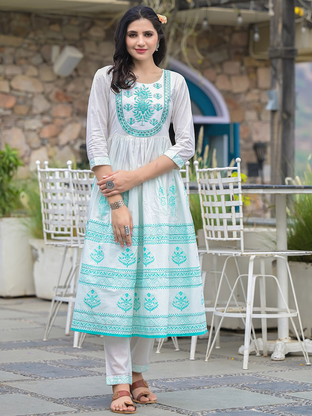 

NITVAN Printed Mirror Work Pure Cotton Anarkali Kurta With Trousers & Dupatta, White