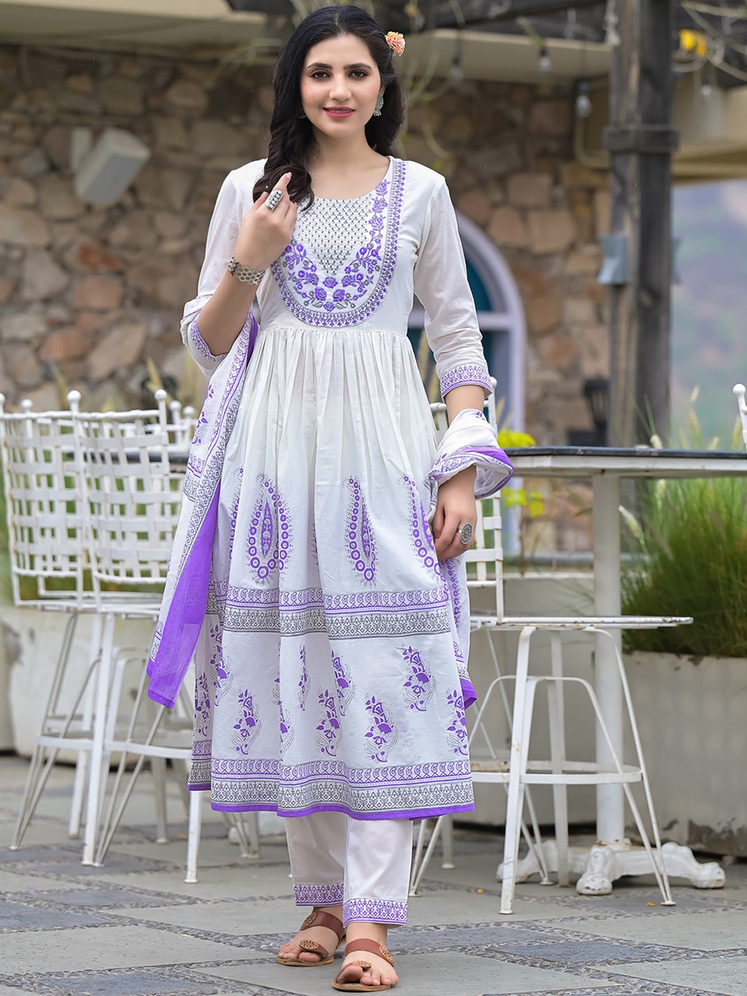 

NITVAN Floral Printed Thread Work Pure Cotton Anarkali Kurta With Trousers & Dupatta, Purple