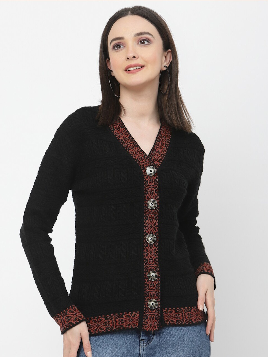 

Kalt V-Neck Acrylic Cable Knit Cardigan, Black