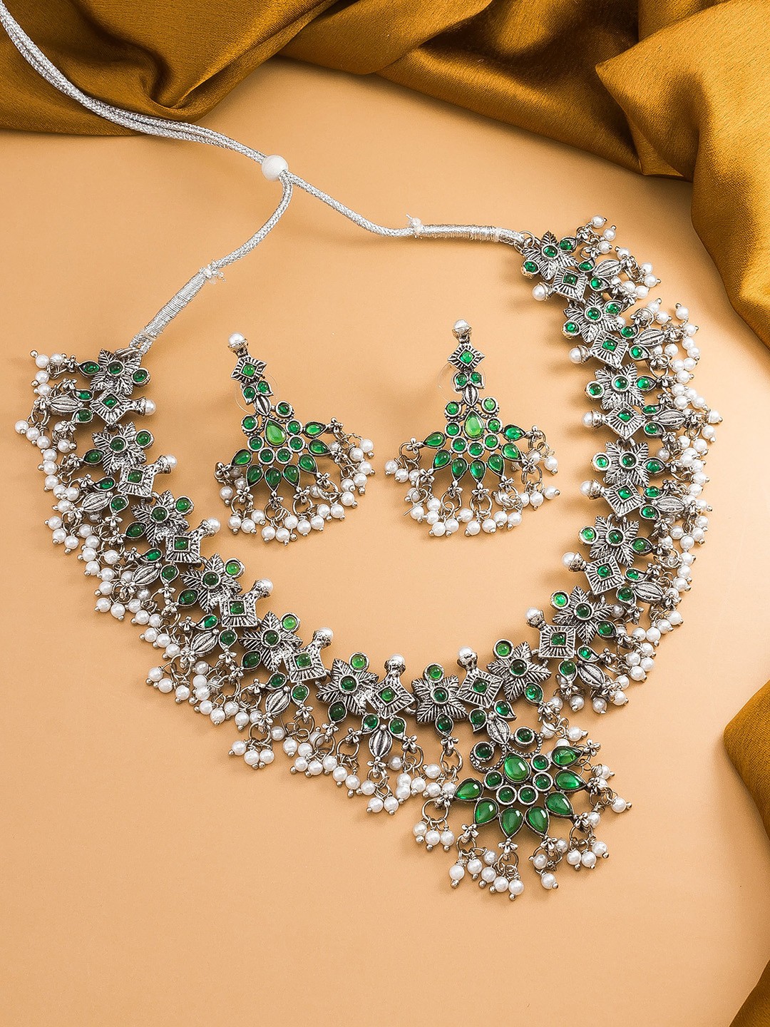 

aadita Silver-Plated Stone Studded & Beaded Necklace & Earrings